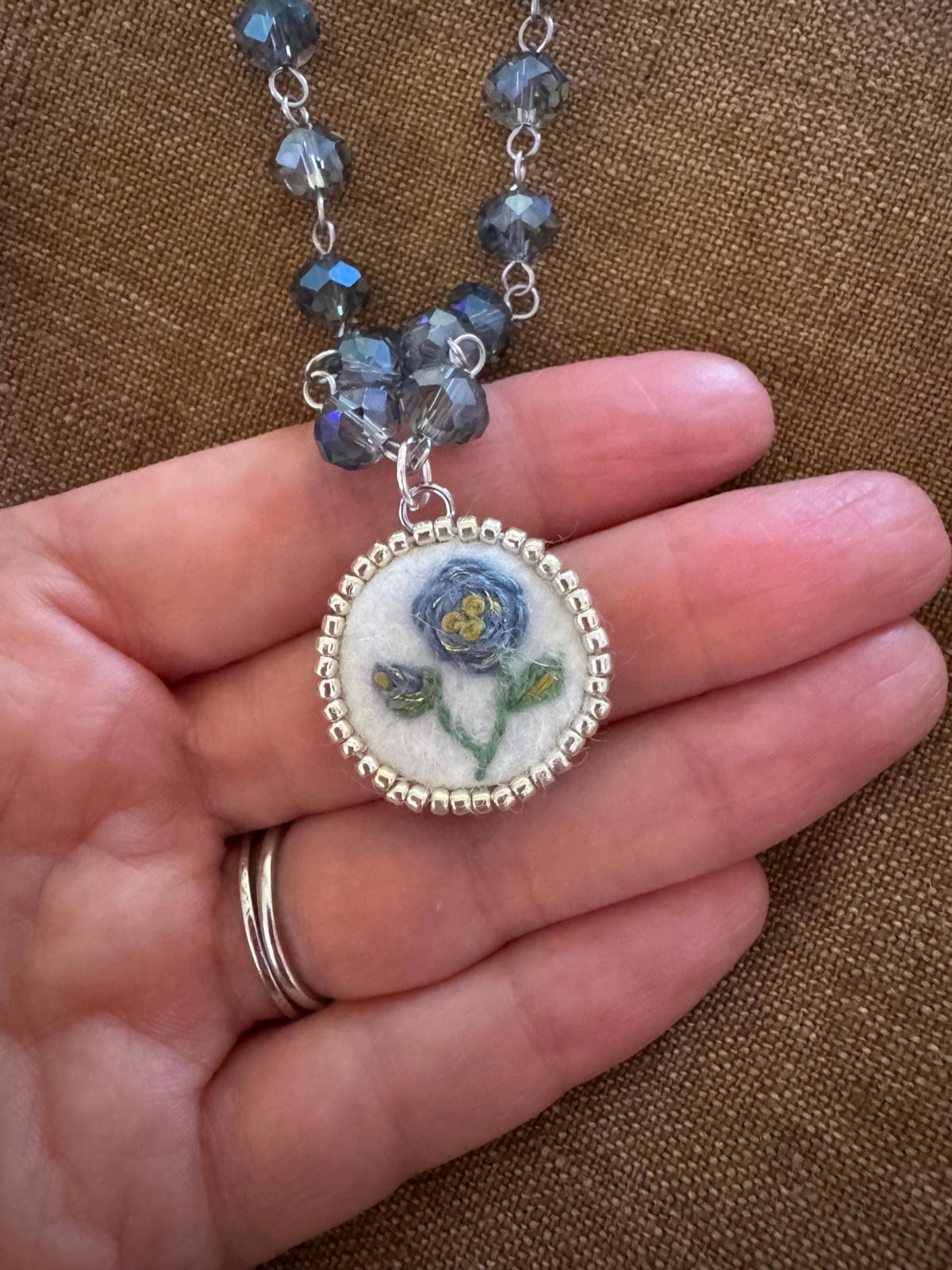Blue Rose Hand Embroidered Pendant Necklace I Glass Beaded Chain