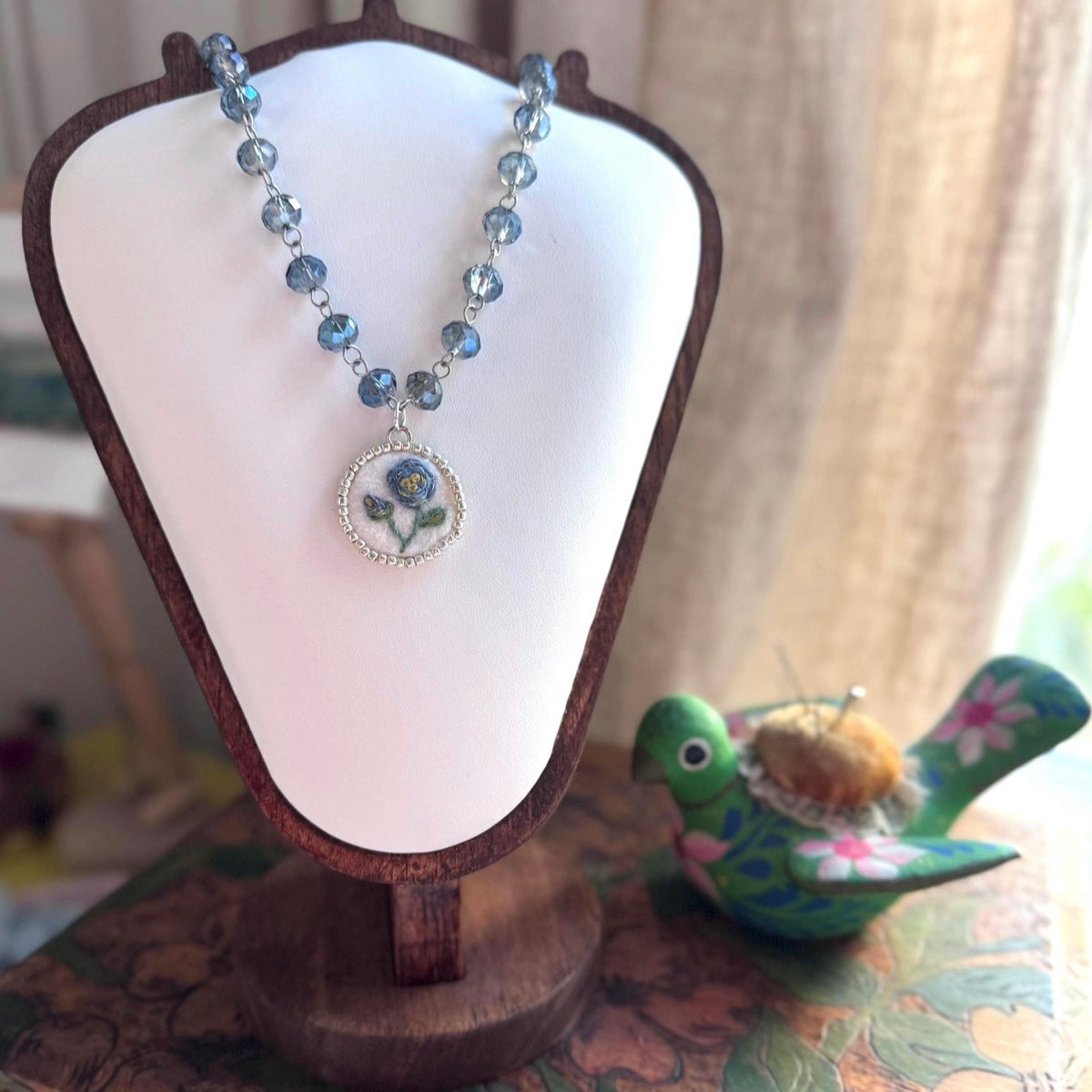 Blue Rose Hand Embroidered Pendant Necklace I Glass Beaded Chain
