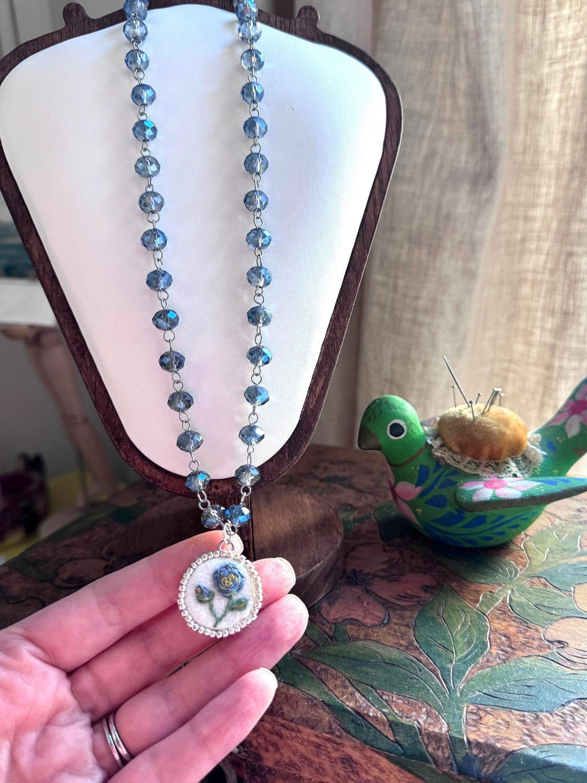 Blue Rose Hand Embroidered Pendant Necklace I Glass Beaded Chain