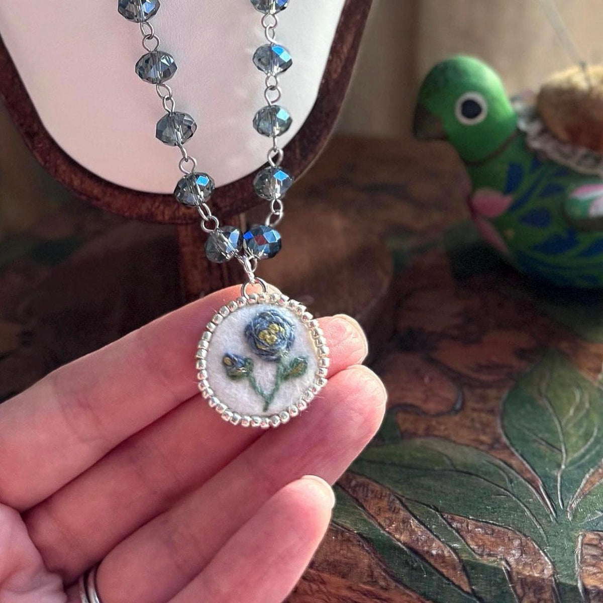 Blue Rose Hand Embroidered Pendant Necklace I Glass Beaded Chain