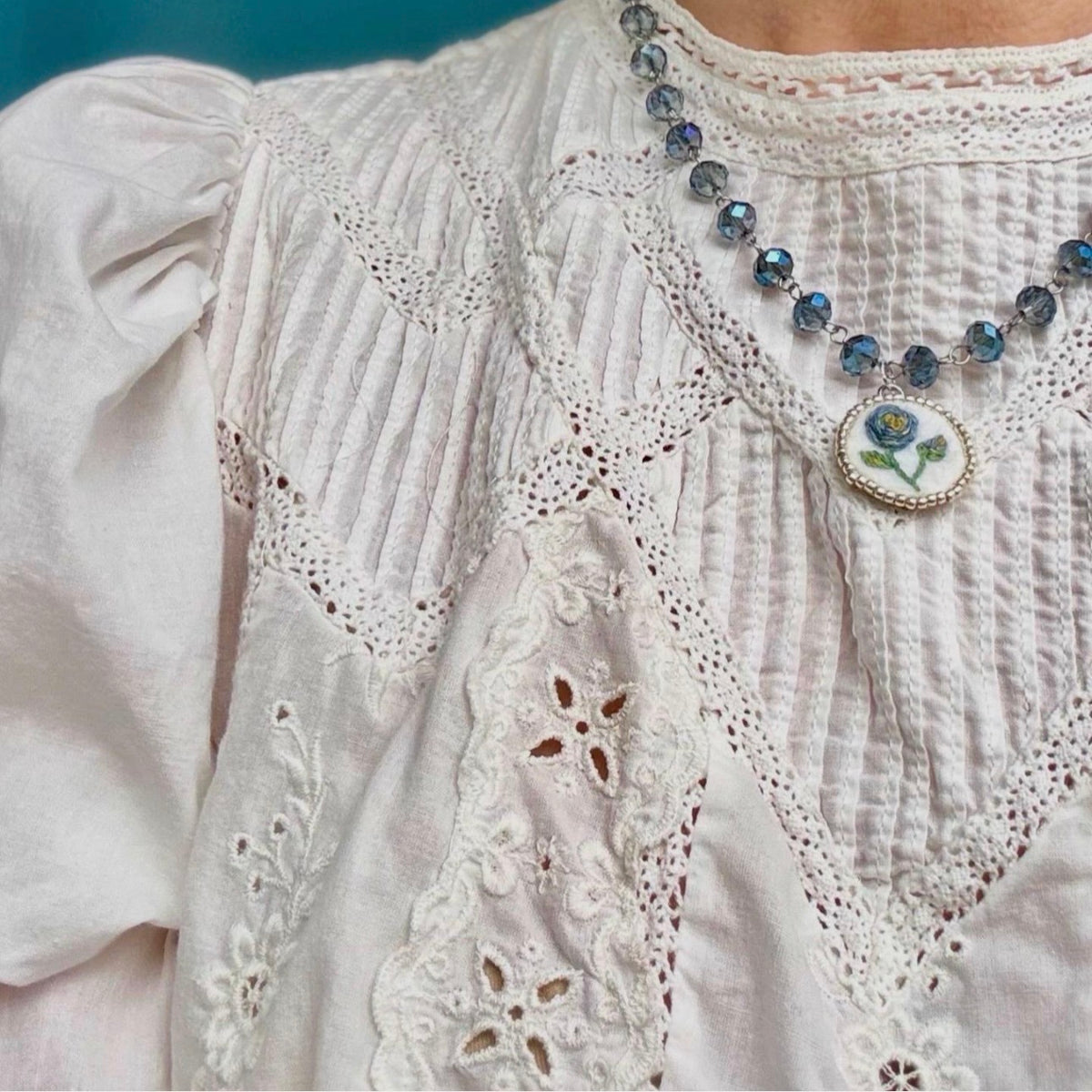 Blue Rose Hand Embroidered Pendant Necklace I Glass Beaded Chain