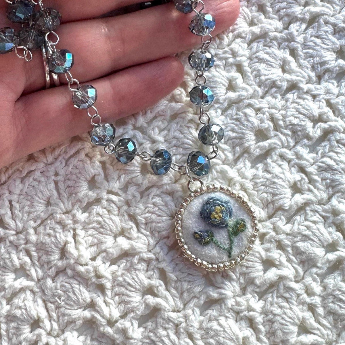 Blue Rose Hand Embroidered Pendant Necklace I Glass Beaded Chain