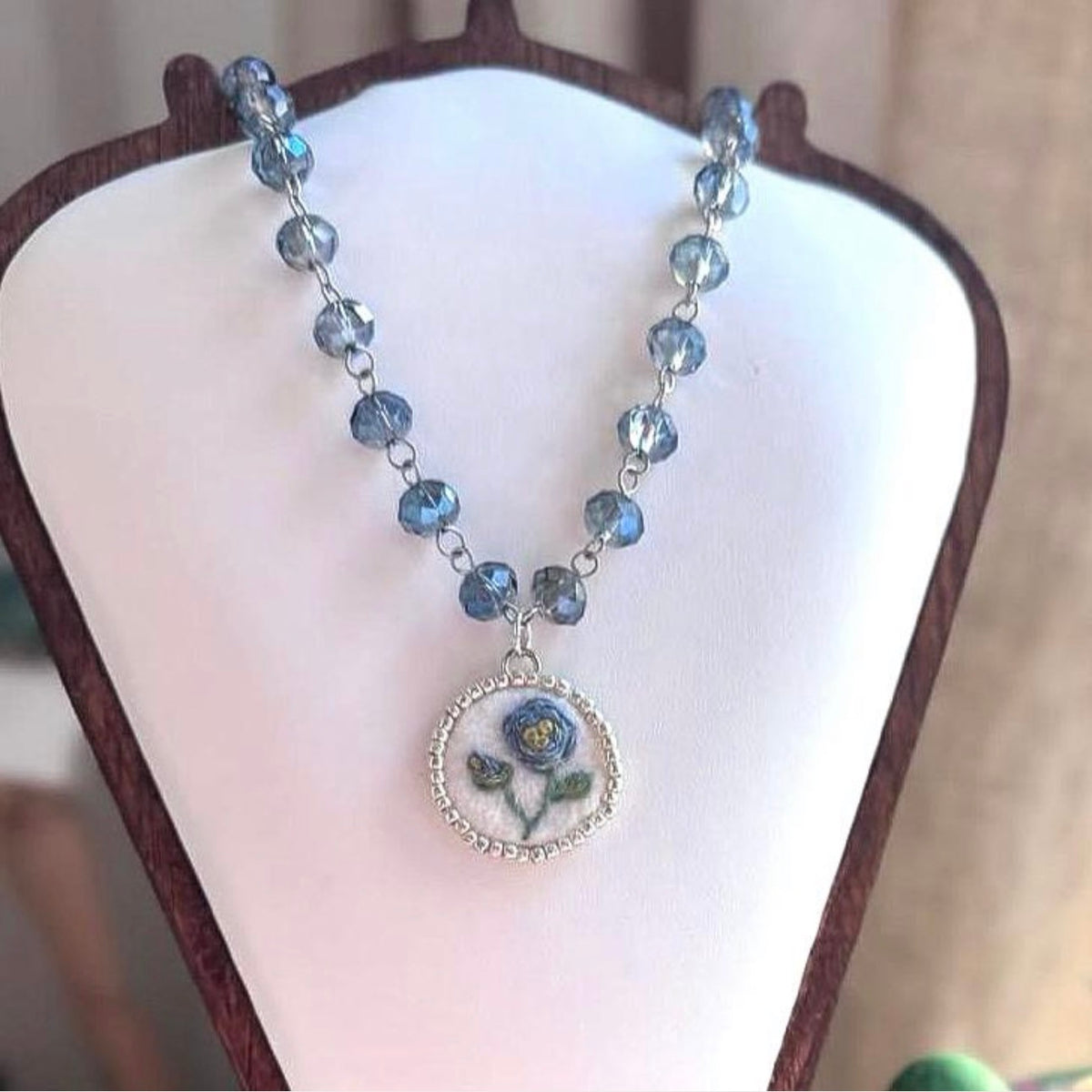Blue Rose Hand Embroidered Pendant Necklace I Glass Beaded Chain