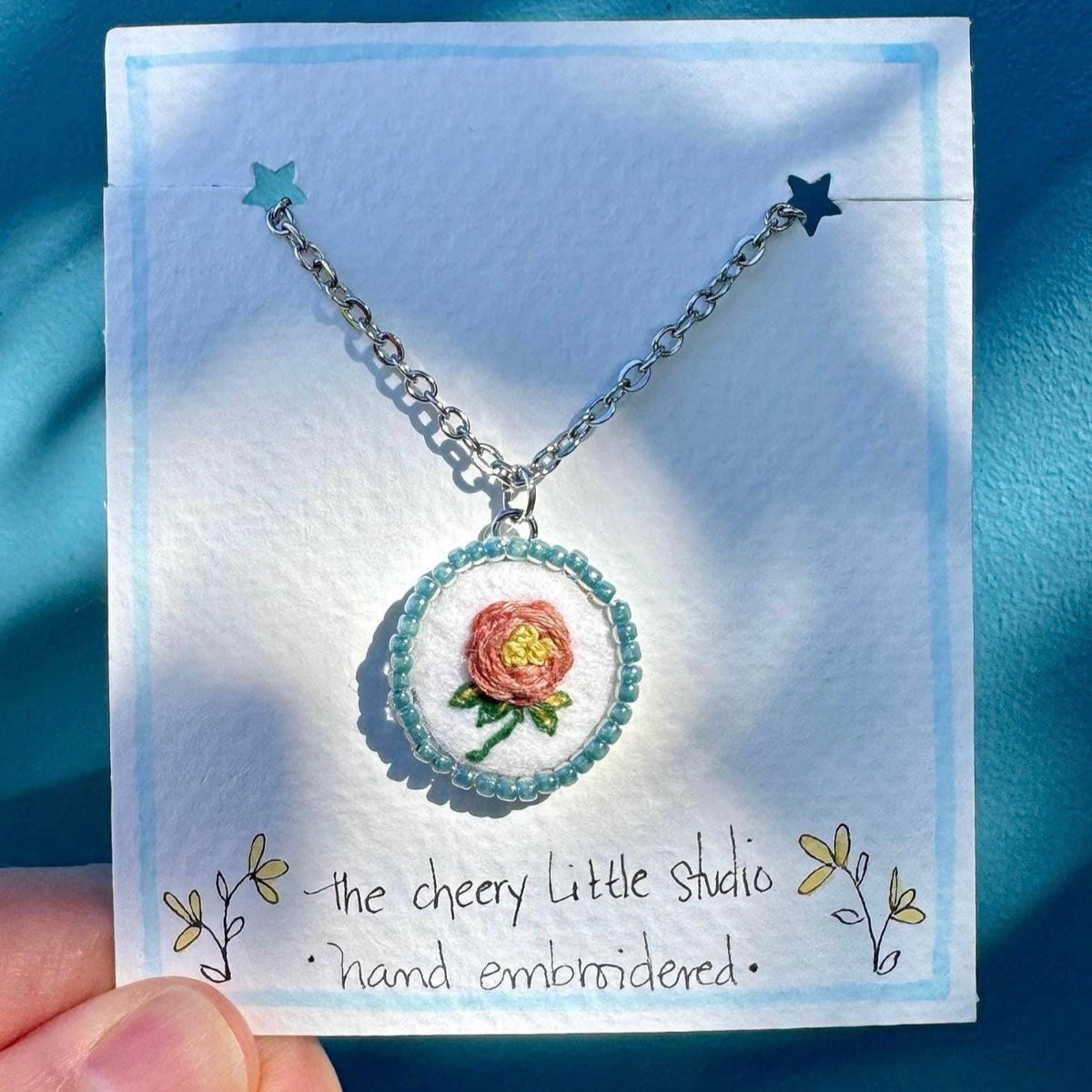 Hand Embroidered Pendant Necklace I Pink Rose Pendant Blue Beads