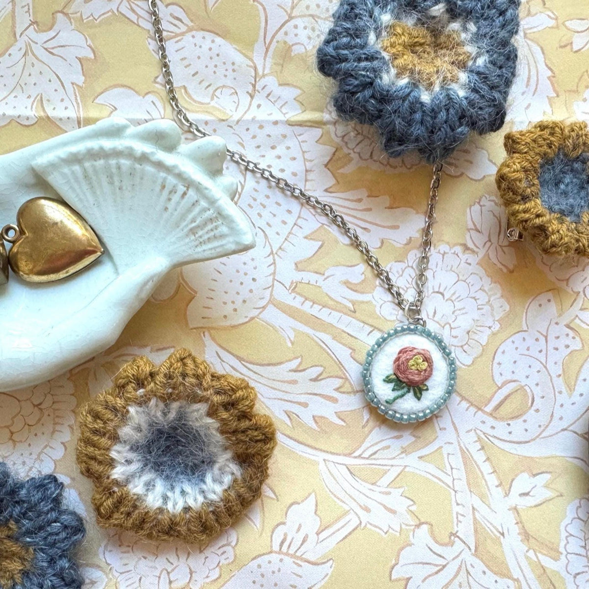 Hand Embroidered Pendant Necklace I Pink Rose Pendant Blue Beads
