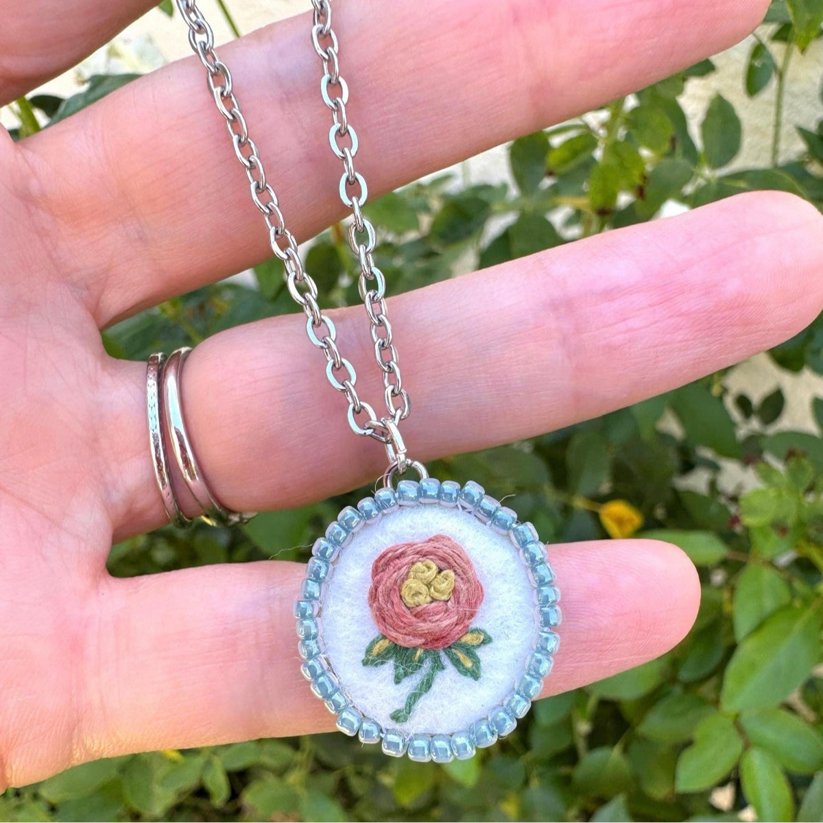 Hand Embroidered Pendant Necklace I Pink Rose Pendant Blue Beads