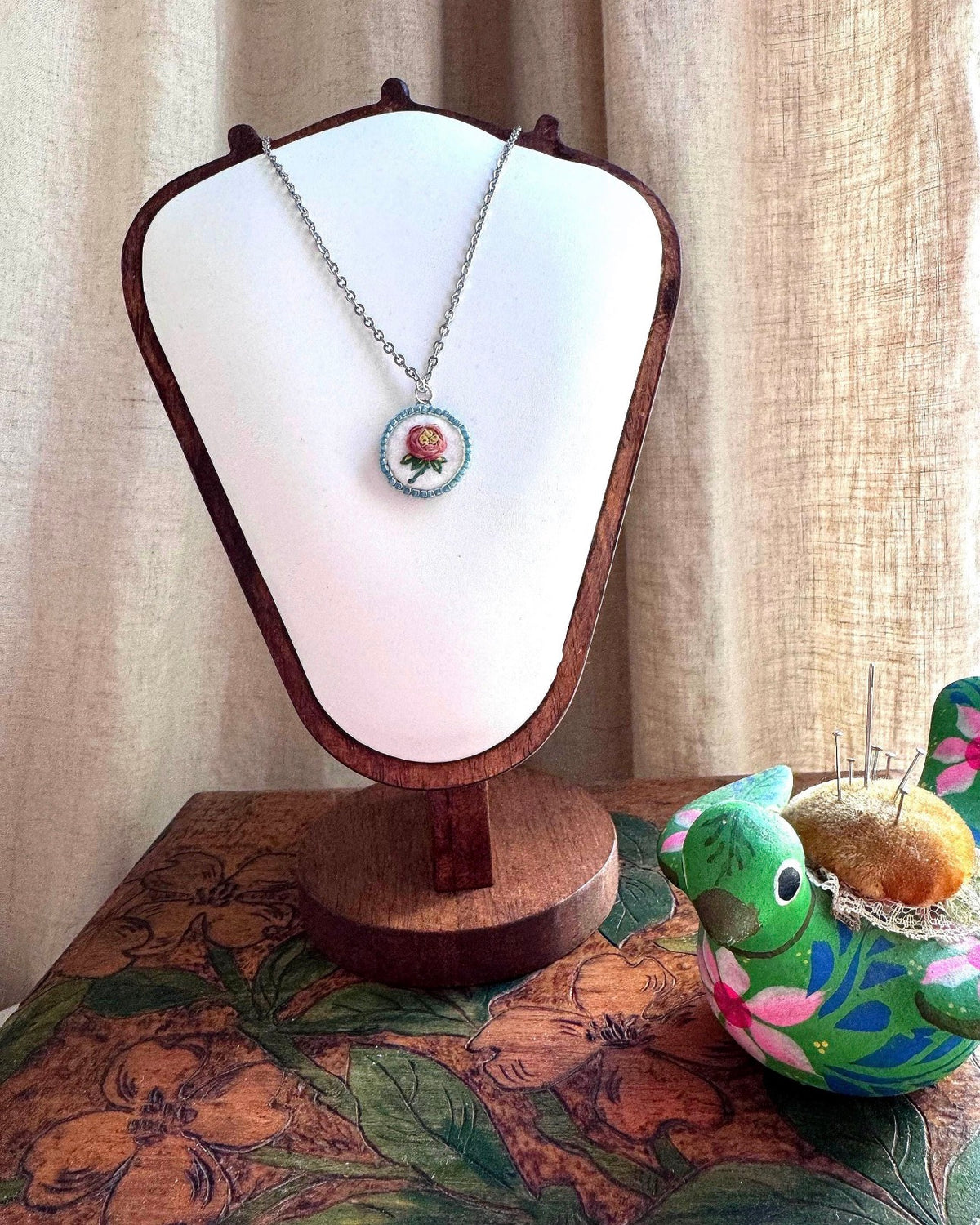 Hand Embroidered Pendant Necklace I Pink Rose Pendant Blue Beads