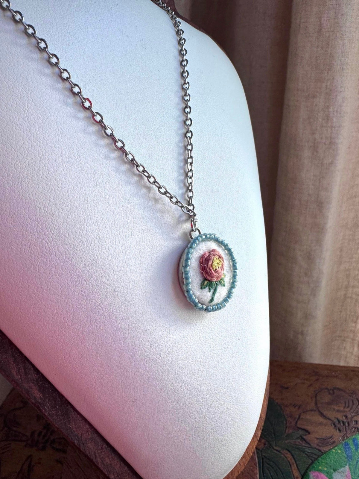 Hand Embroidered Pendant Necklace I Pink Rose Pendant Blue Beads