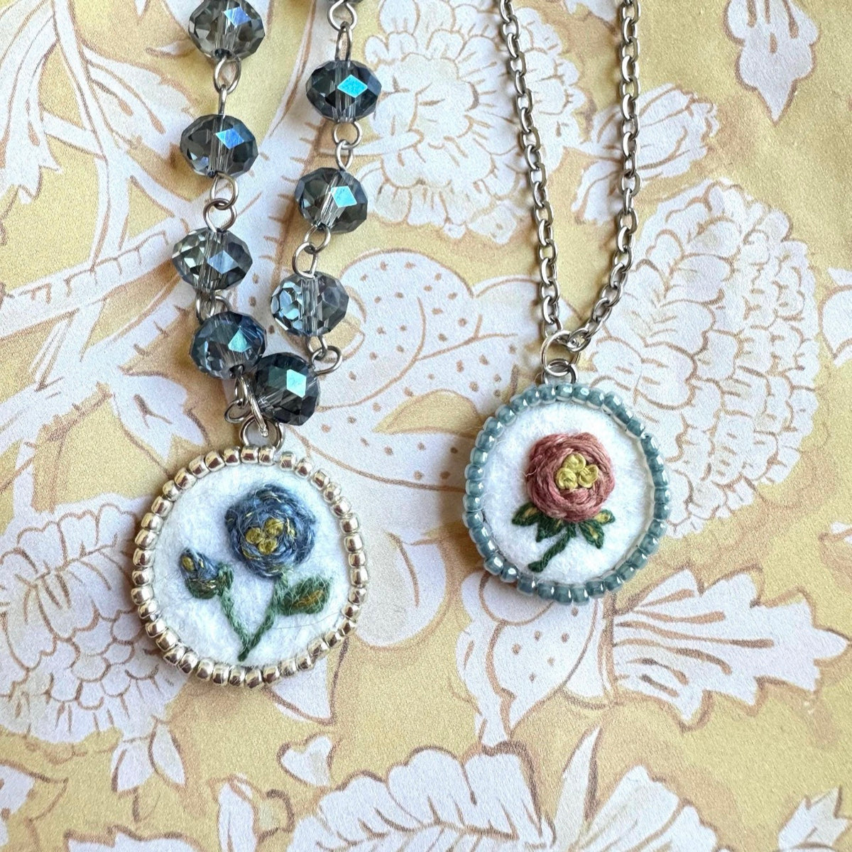 Hand Embroidered Pendant Necklace I Pink Rose Pendant Blue Beads