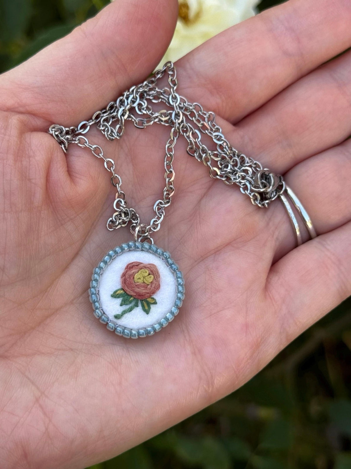 Hand Embroidered Pendant Necklace I Pink Rose Pendant Blue Beads