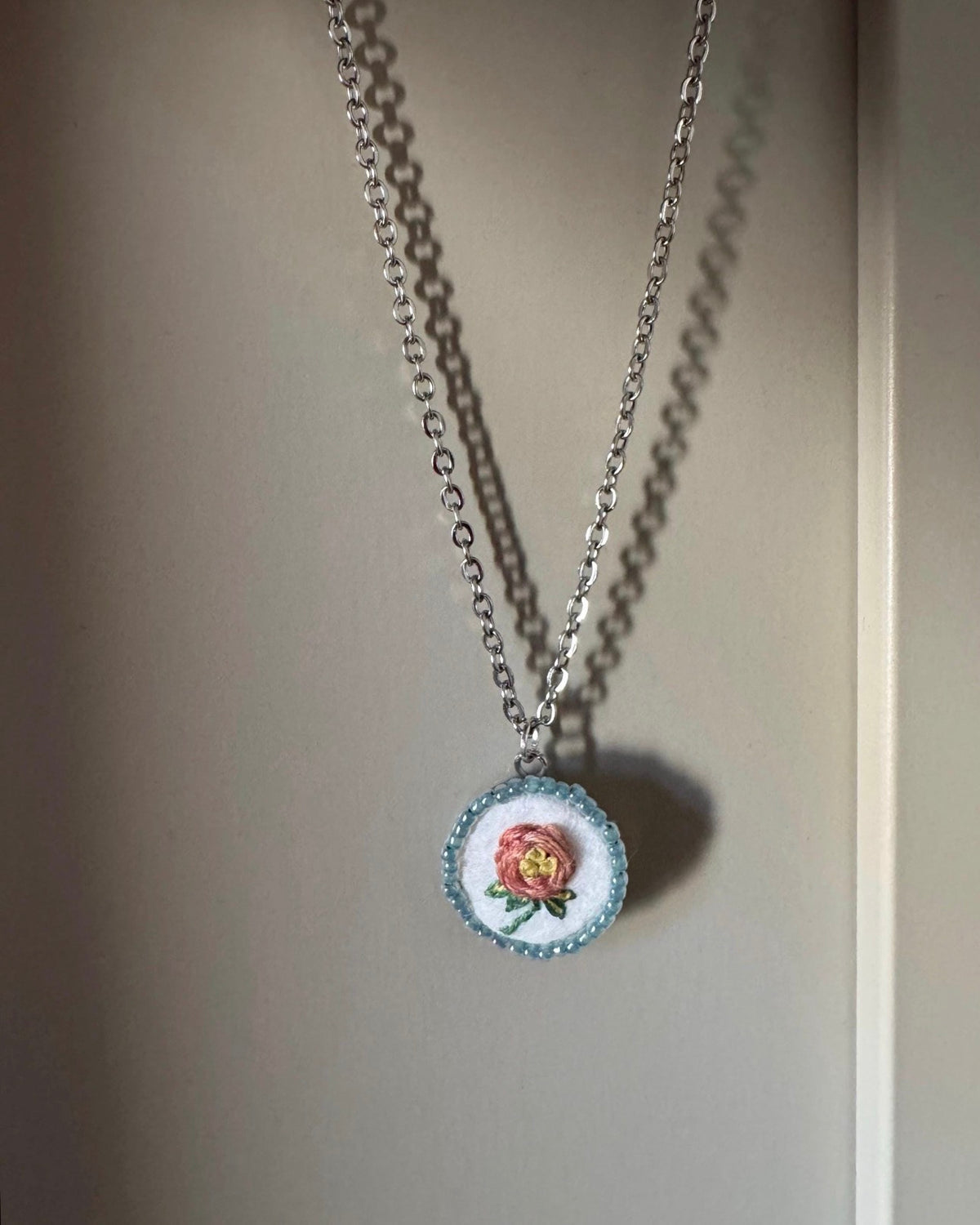 Hand Embroidered Pendant Necklace I Pink Rose Pendant Blue Beads
