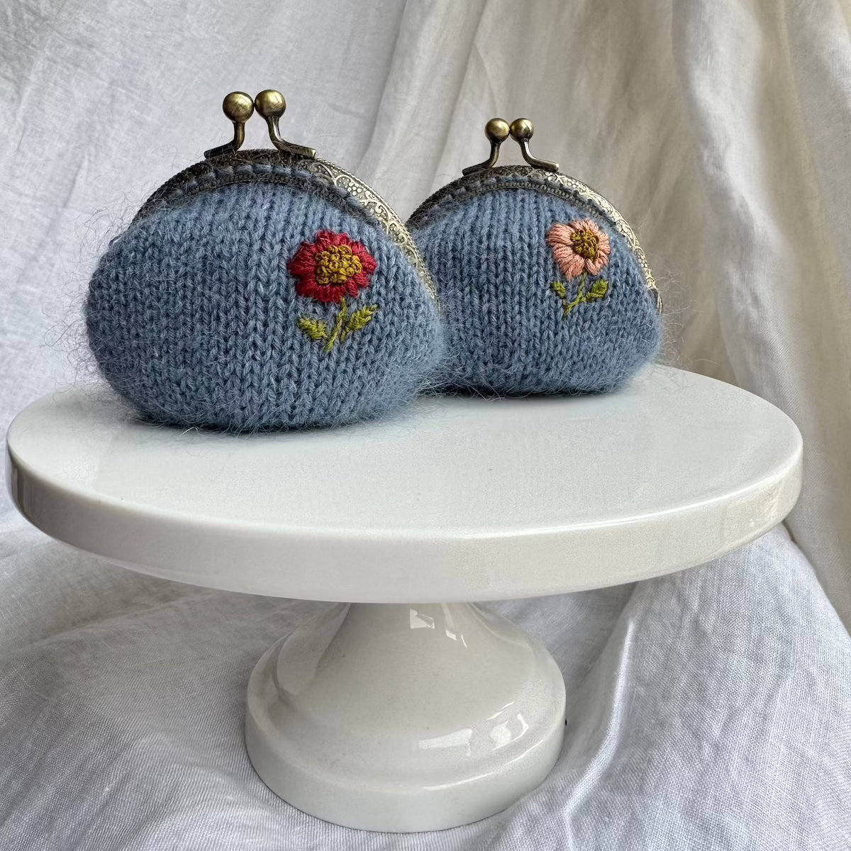 Coin Purse | hand embroidered + hand knit dusty blue | wildflower