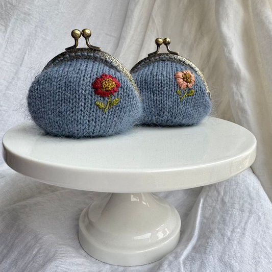 Coin Purse | hand embroidered + hand knit dusty blue | wildflower