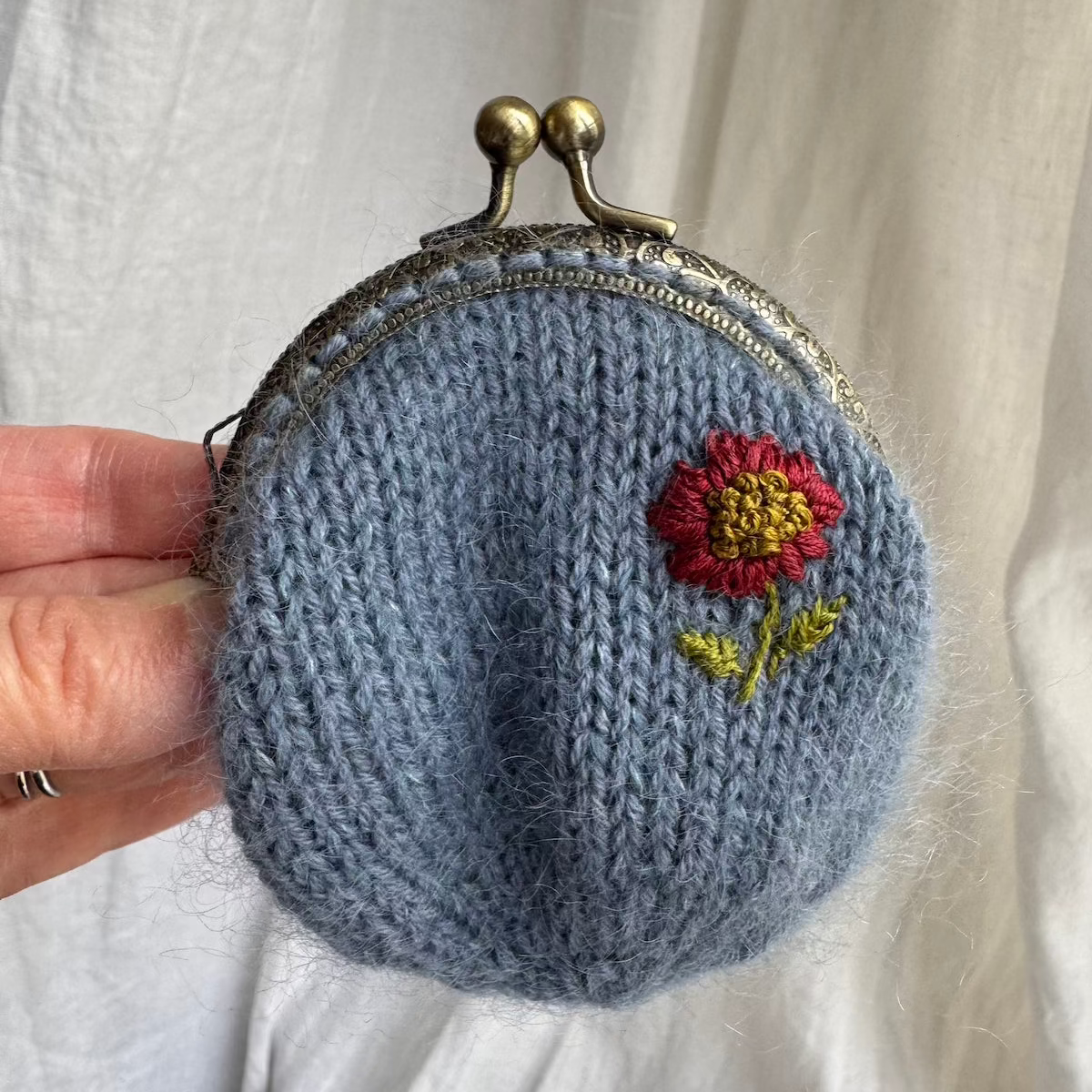 Coin Purse | hand embroidered + hand knit dusty blue | wildflower