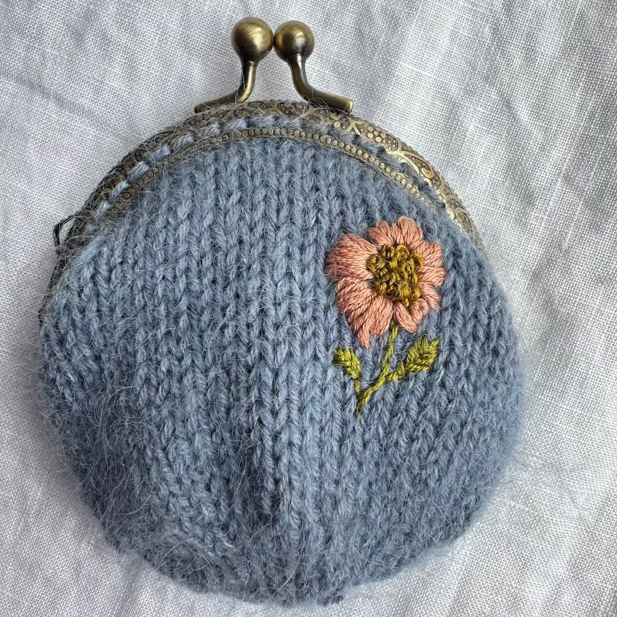 Coin Purse | hand embroidered + hand knit dusty blue | wildflower