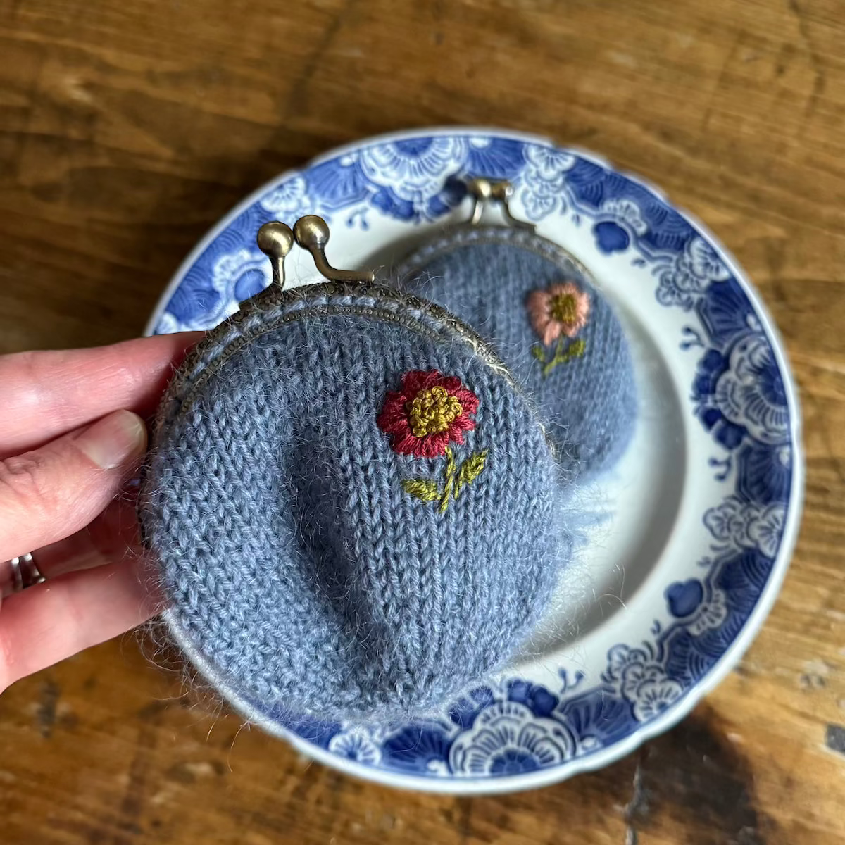 Coin Purse | hand embroidered + hand knit dusty blue | wildflower