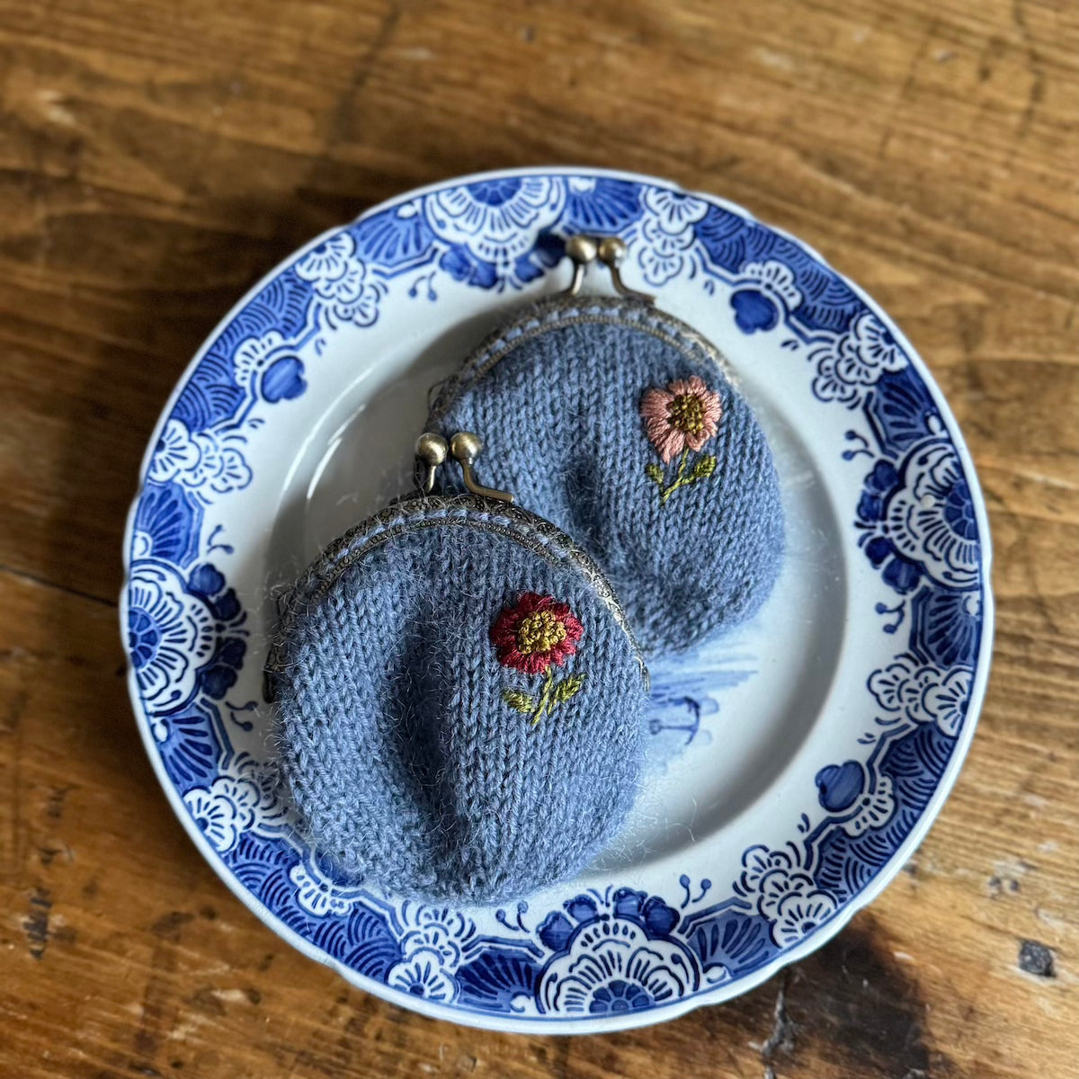Coin Purse | hand embroidered + hand knit dusty blue | wildflower
