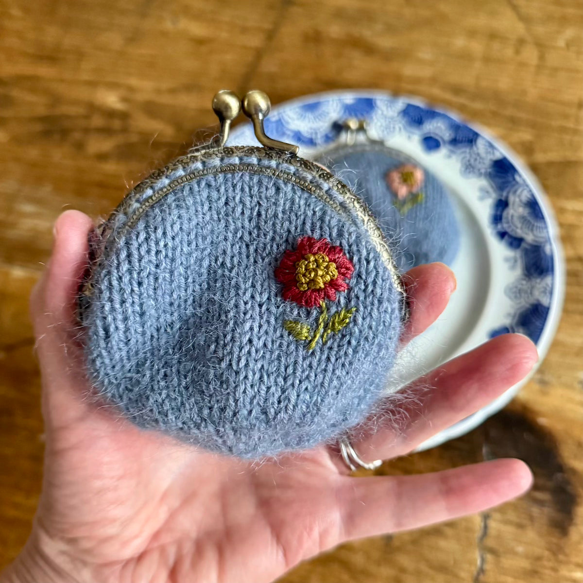 Coin Purse | hand embroidered + hand knit dusty blue | wildflower