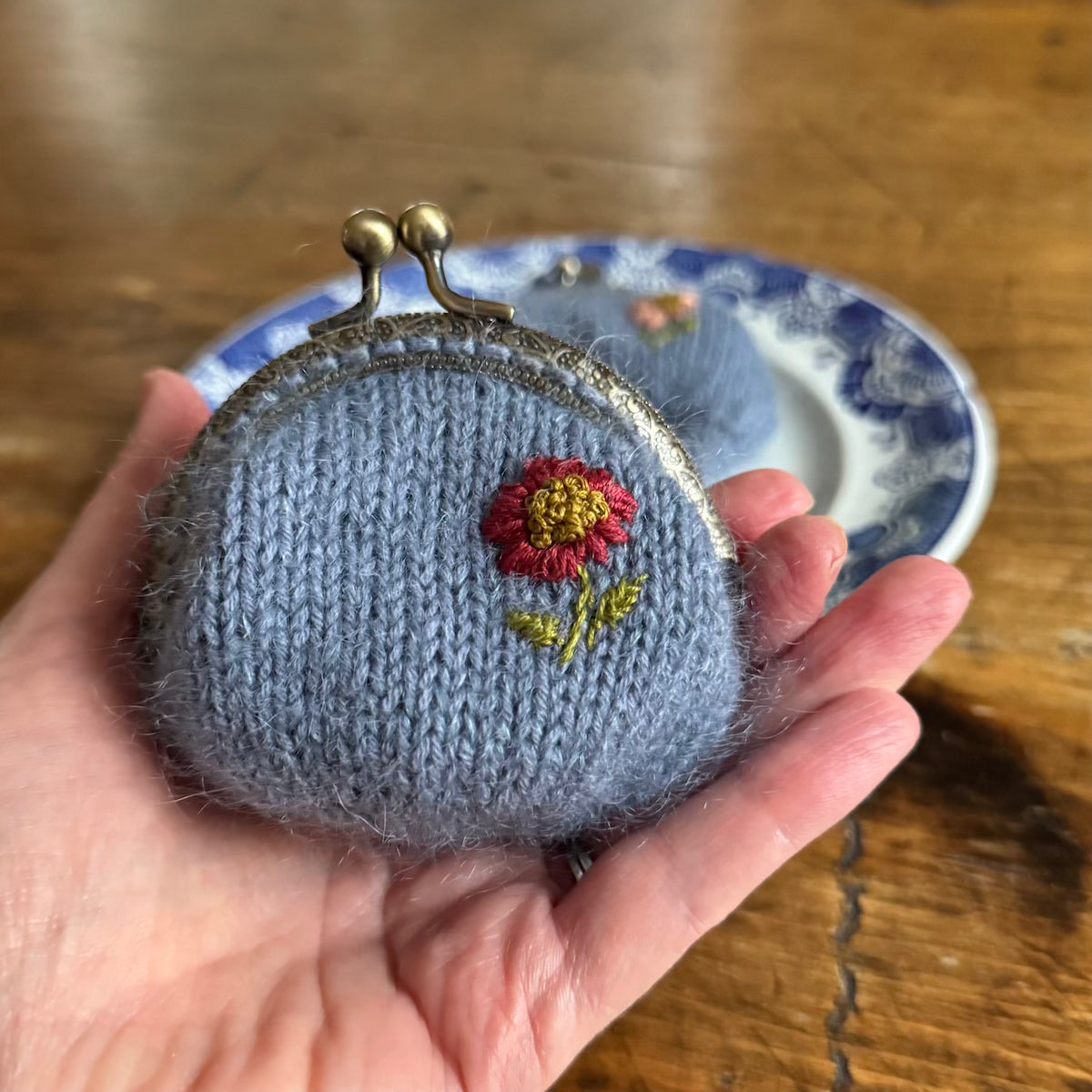 Coin Purse | hand embroidered + hand knit dusty blue | wildflower