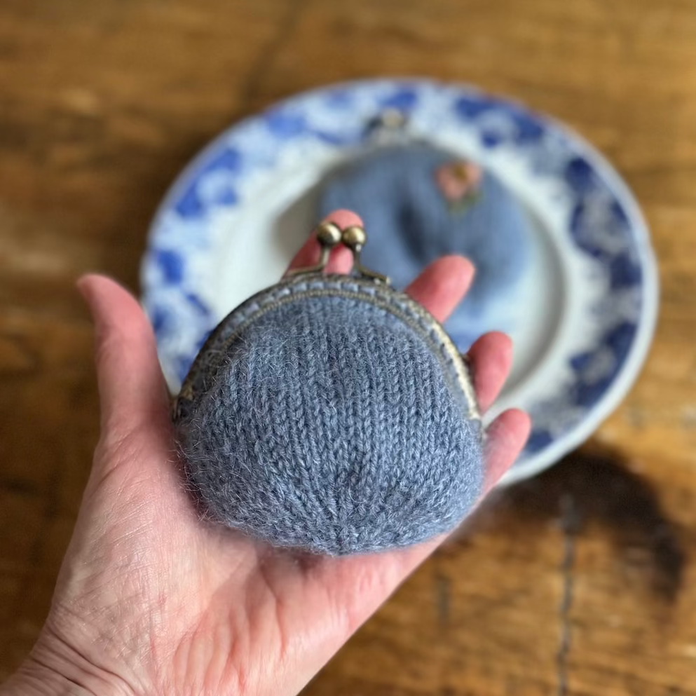 Coin Purse | hand embroidered + hand knit dusty blue | wildflower