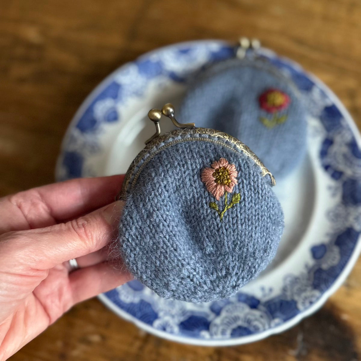 Coin Purse | hand embroidered + hand knit dusty blue | wildflower