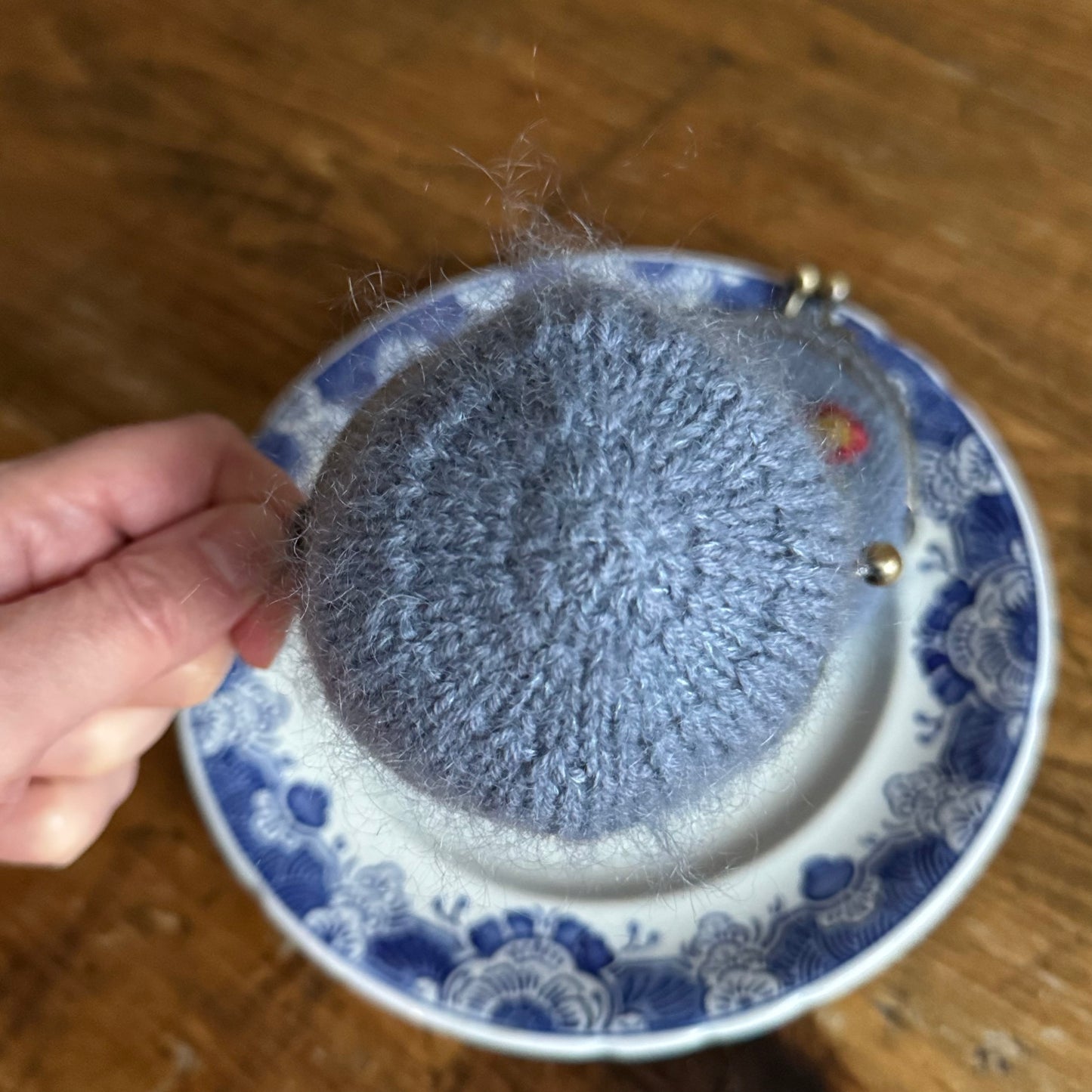 Coin Purse | hand embroidered + hand knit dusty blue | wildflower