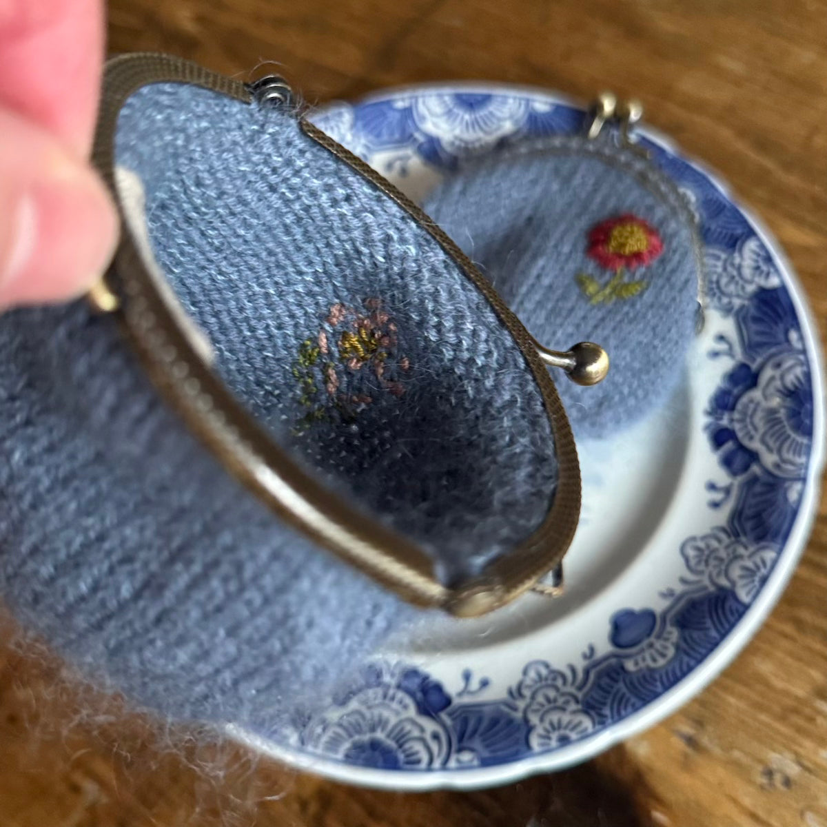 Coin Purse | hand embroidered + hand knit dusty blue | wildflower