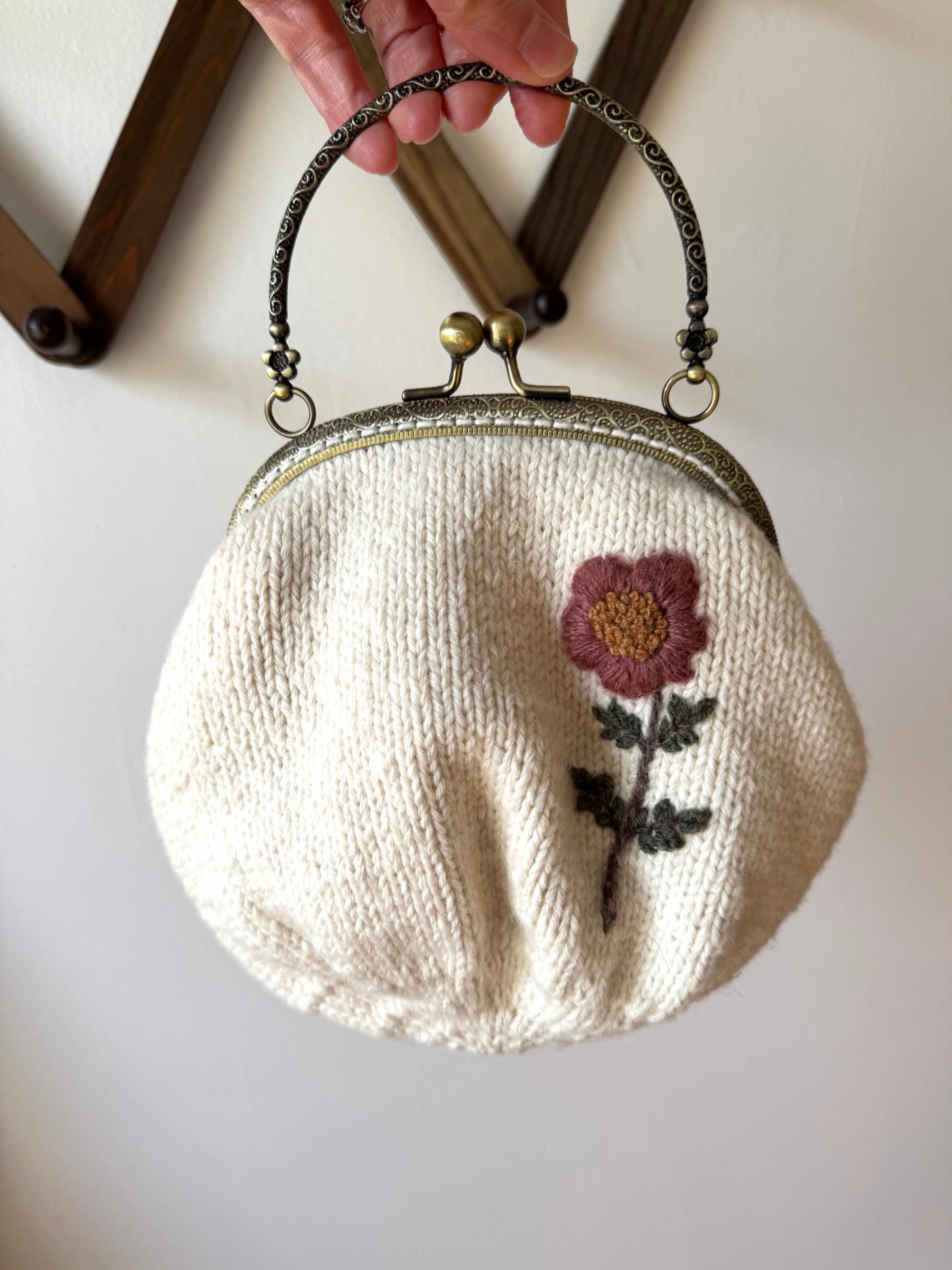 Hand Knit Wildflower Purse | Cream Embroidered Bag with Kiss Clasp