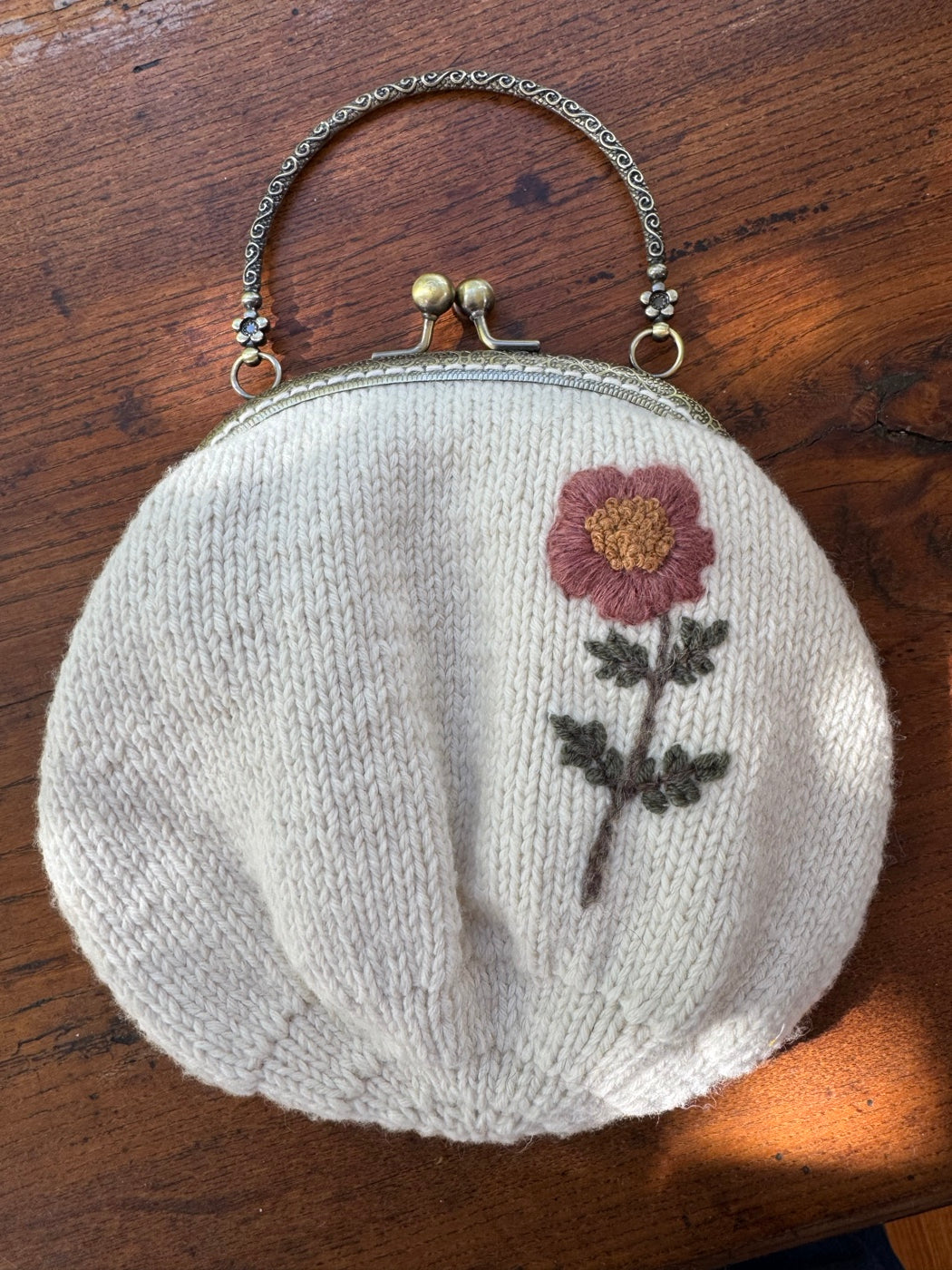Hand Knit Wildflower Purse | Cream Embroidered Bag with Kiss Clasp