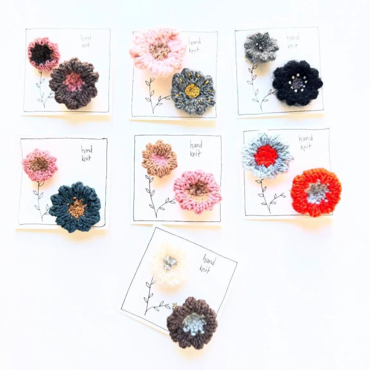 Hand Knit Brooch Set | Flowers Blue and Beige