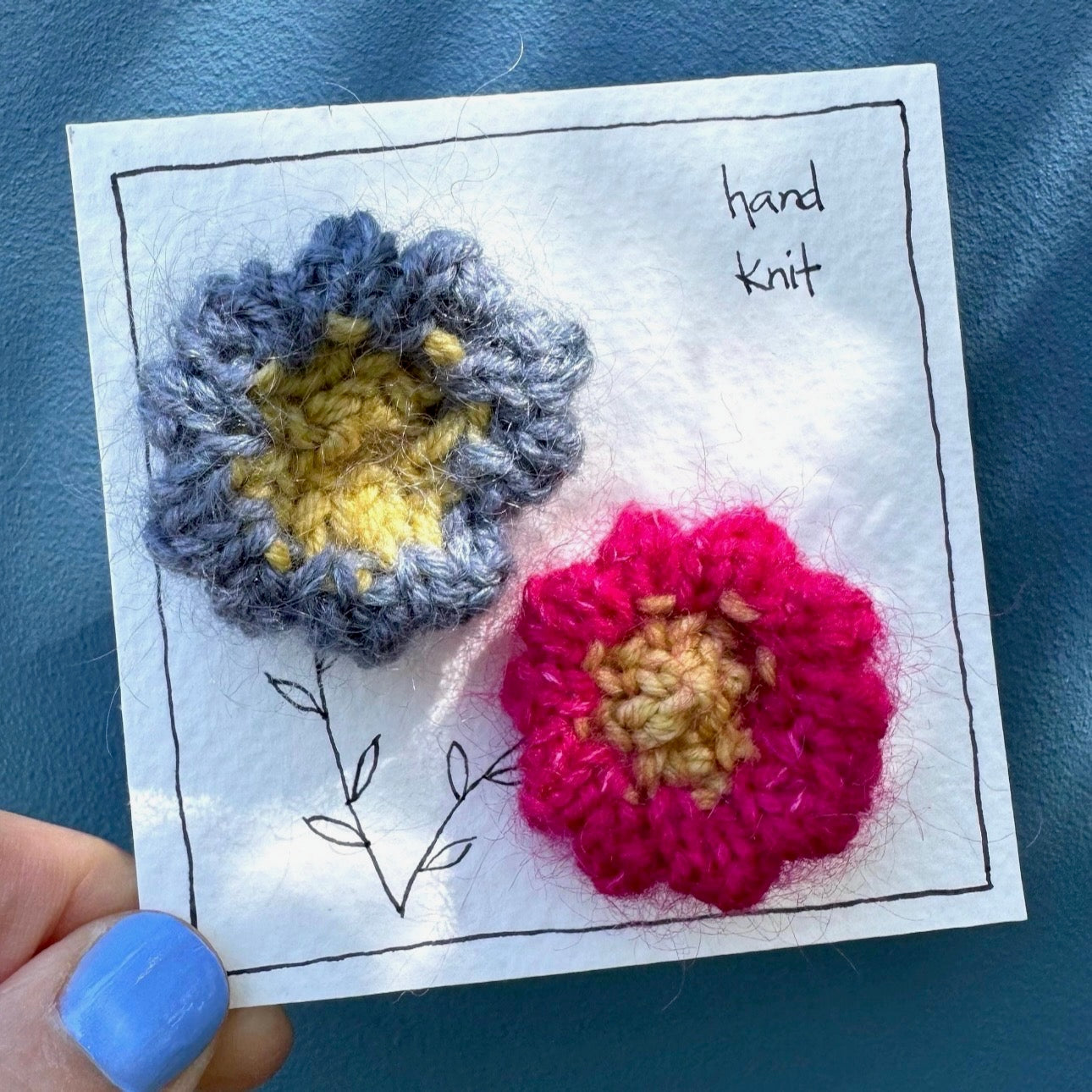 Hand Knit Brooch Set - Hot Pink + Dusty Blue