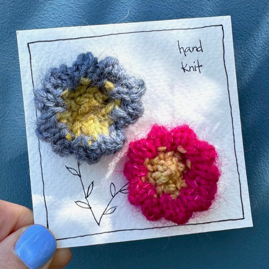 Hand Knit Brooch Set - Hot Pink + Dusty Blue