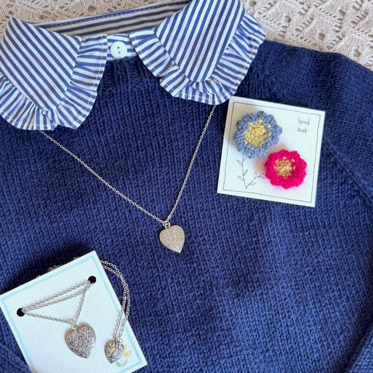 Hand Knit Brooch Set - Hot Pink + Dusty Blue