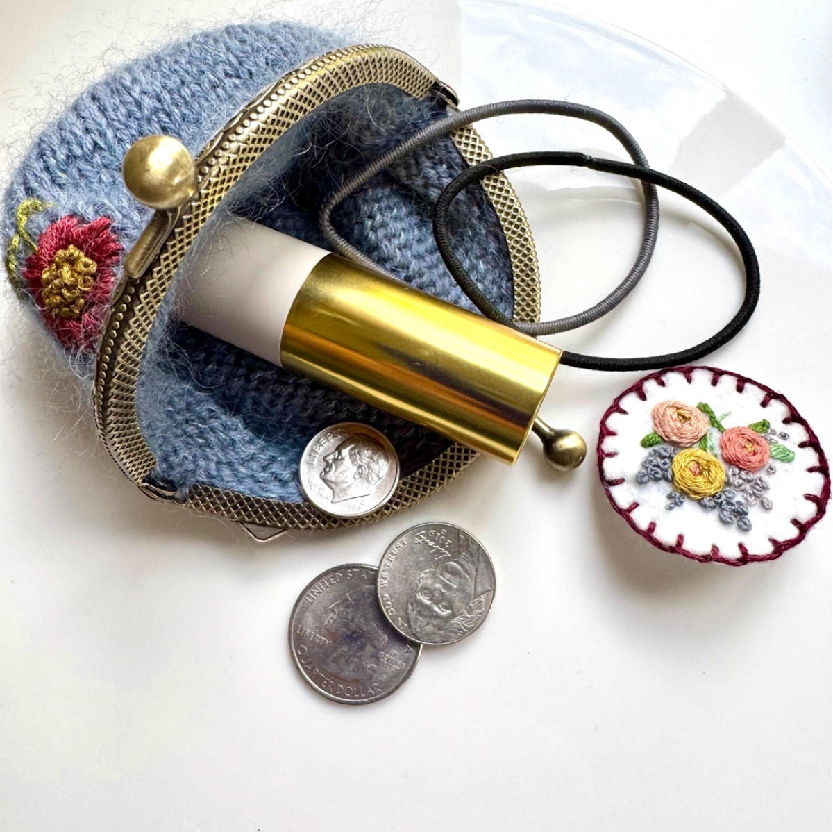 Coin Purse | hand embroidered + hand knit dusty blue | wildflower