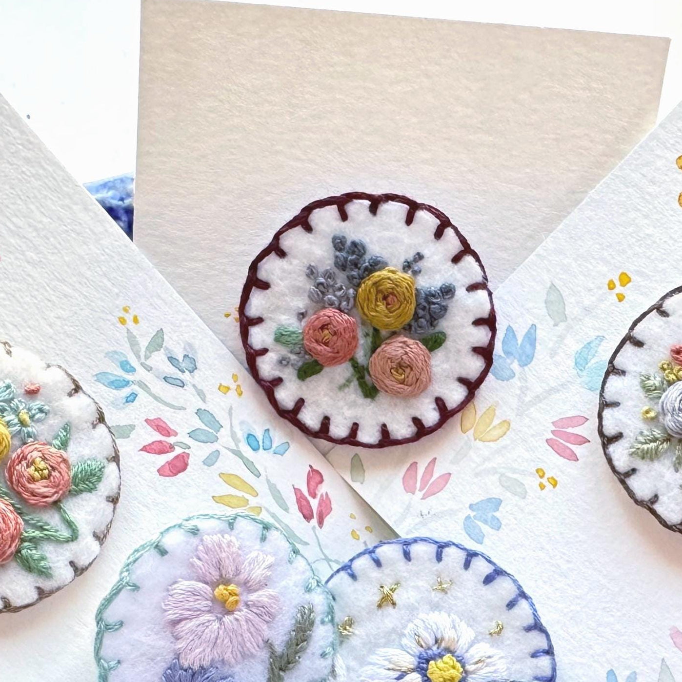 Hand Embroidered Felt Brooch Pin on Card -  Roses + Lilacs