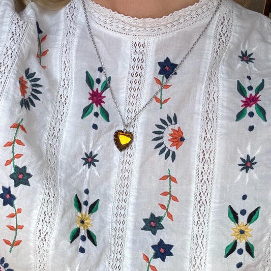 Vintage Heart Pendant Necklace Faux Yellow Sapphire Costume Jewelry