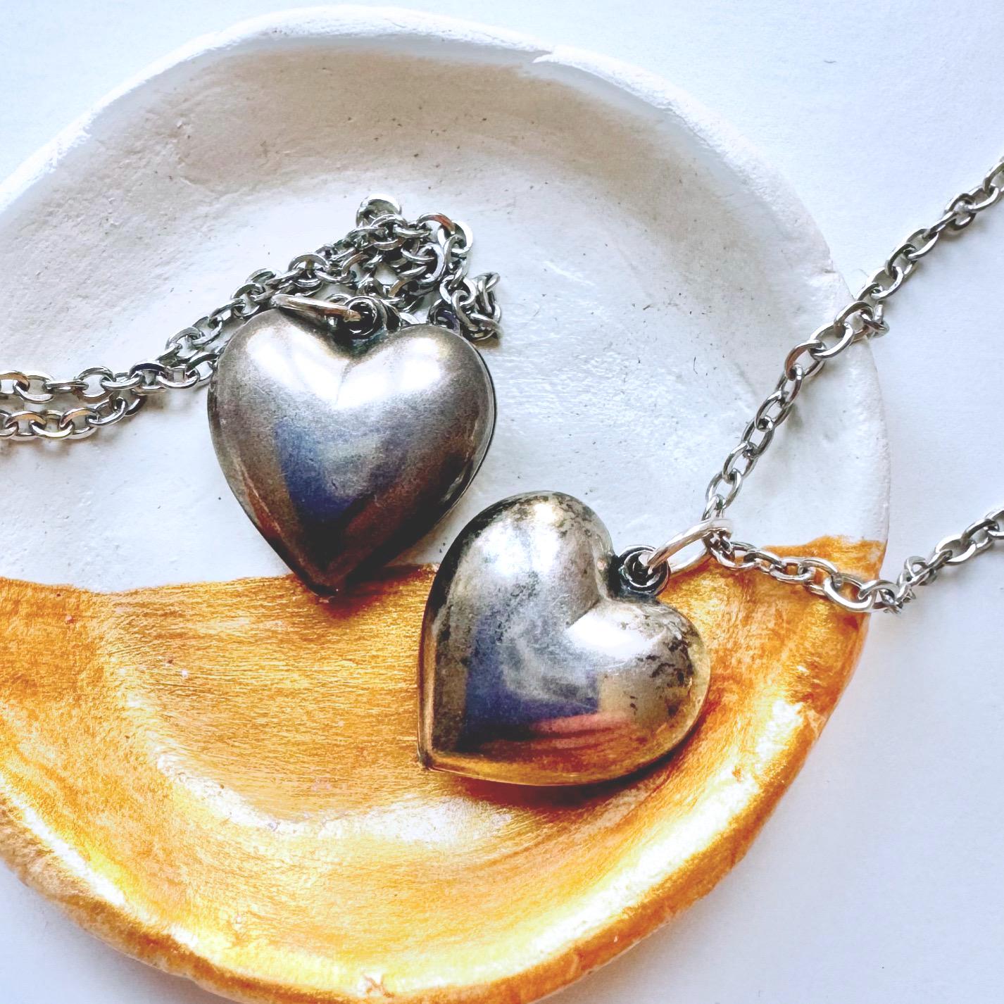 Vintage Puffy Heart Pendant Necklace | Silver Plated