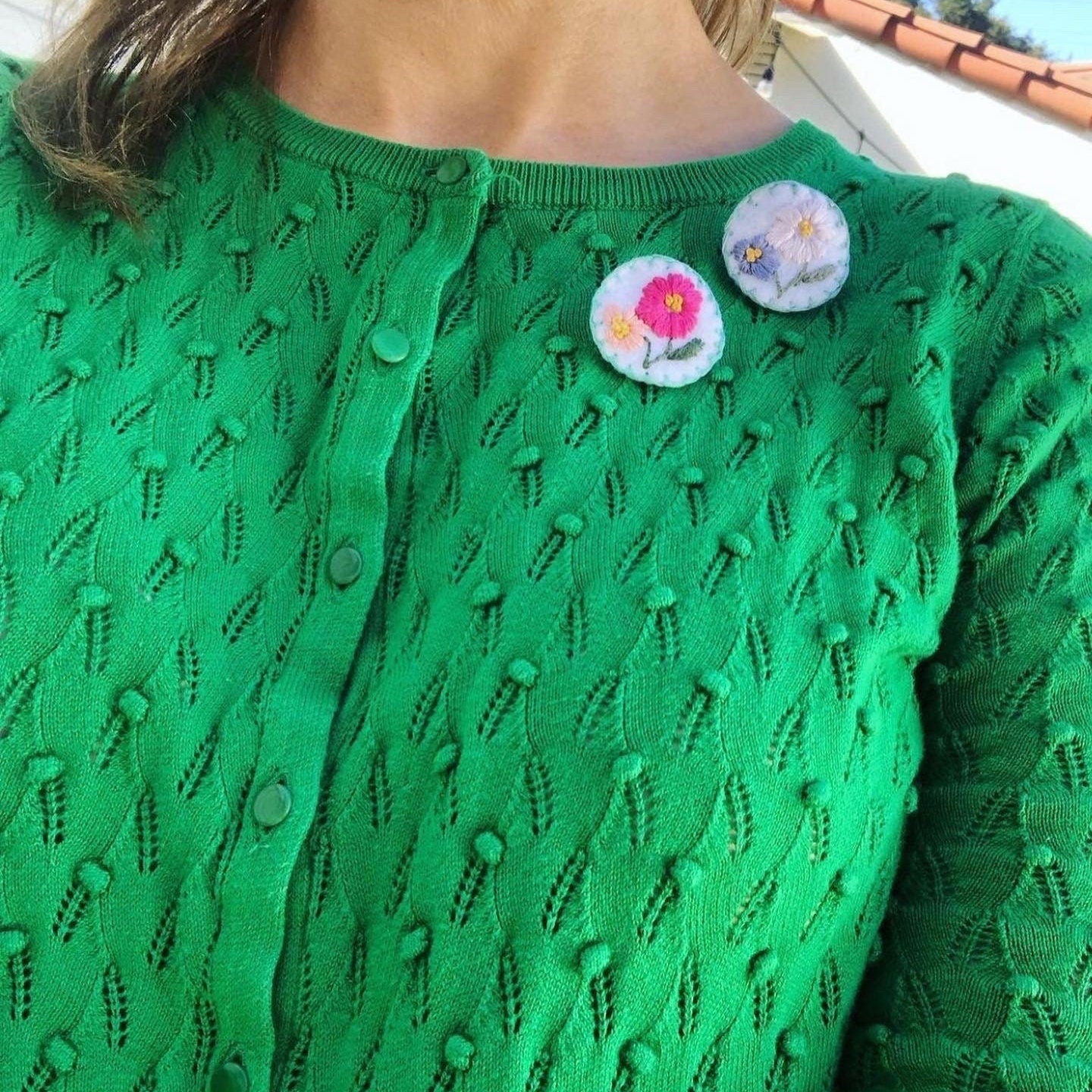 Hand Embroidered Felt Brooch Pin - hot pink flower