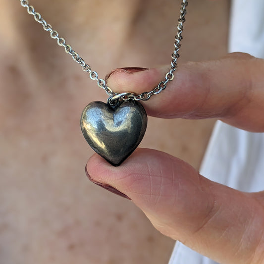 Vintage Puffy Heart Pendant Necklace | Silver Plated