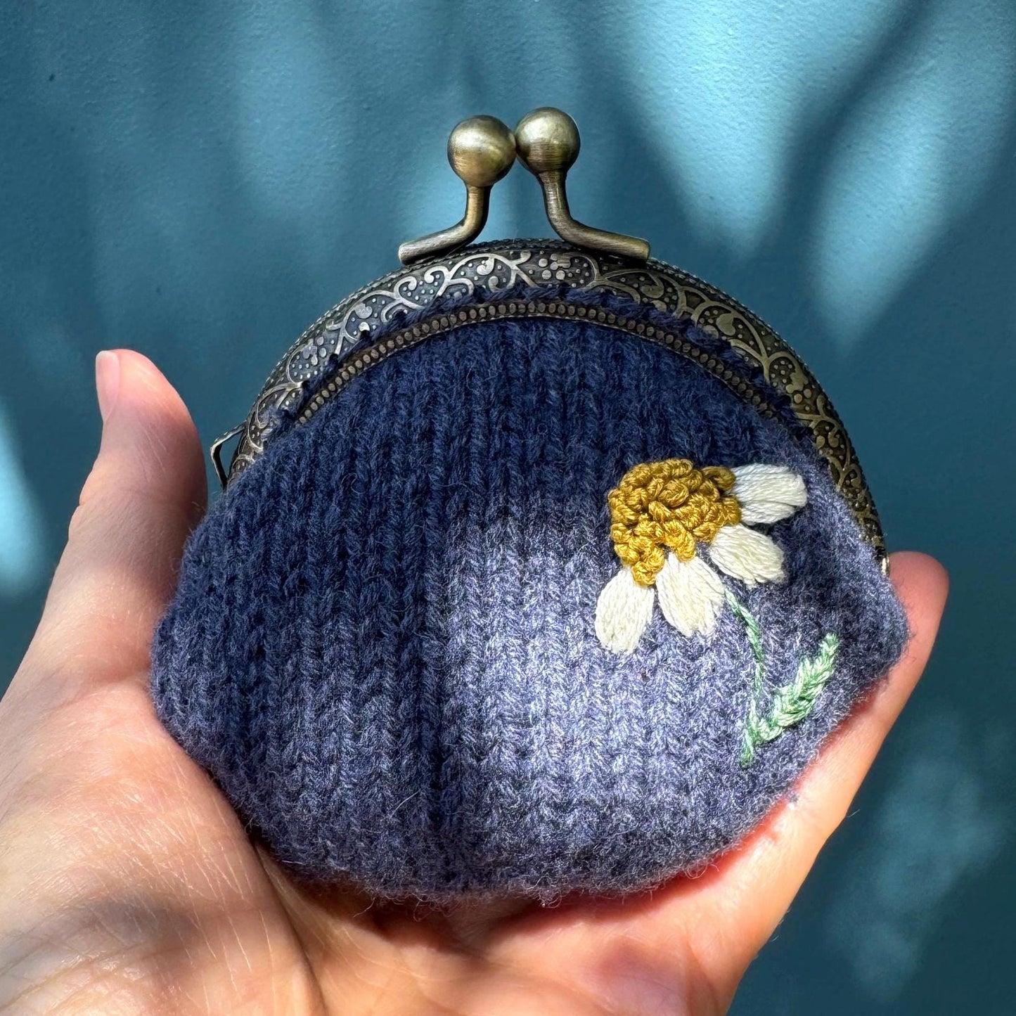 Coin purse | hand embroidered + hand knit | wildflower navy