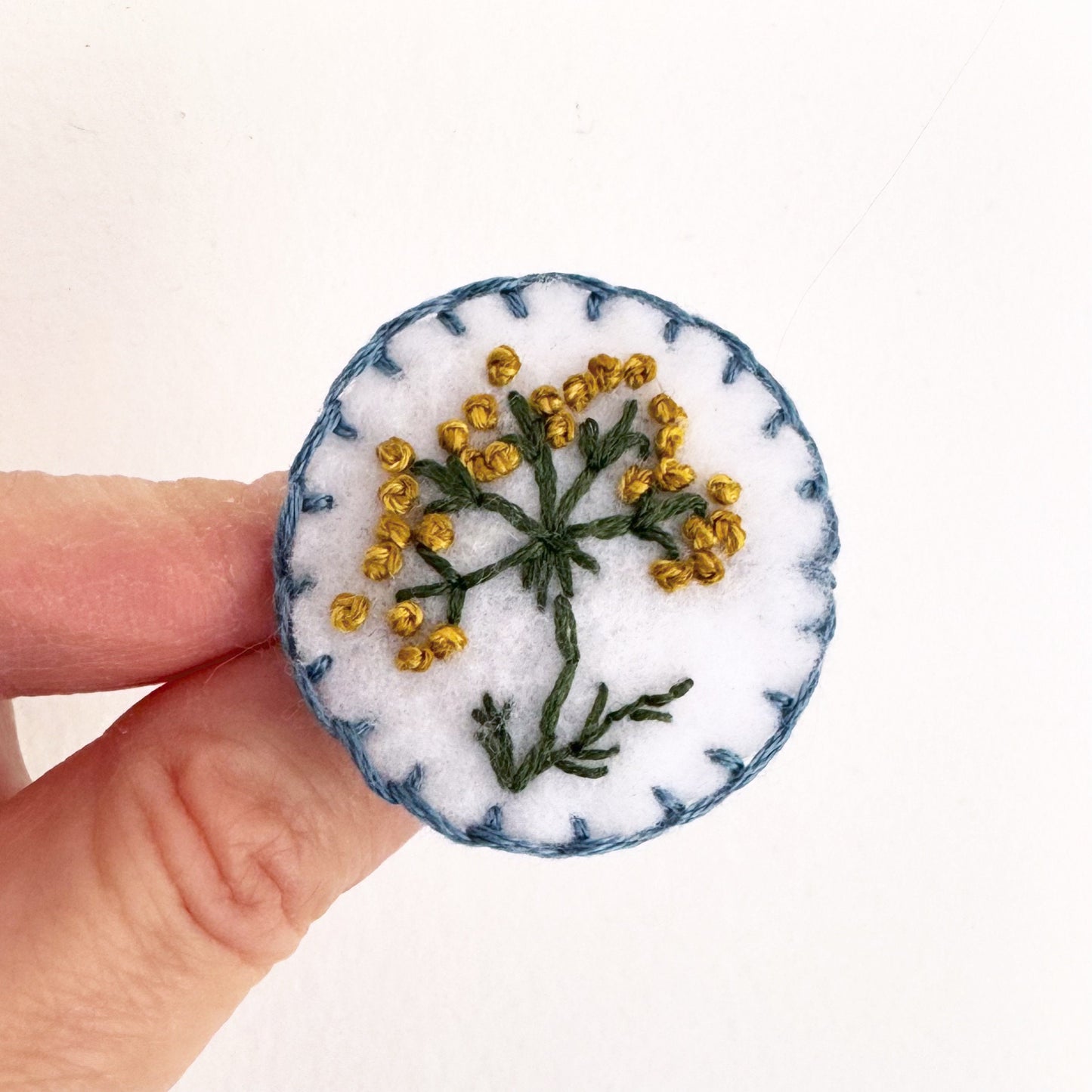 Hand Embroidered Felt Brooch Pin on Card -  yellow flower with blue border