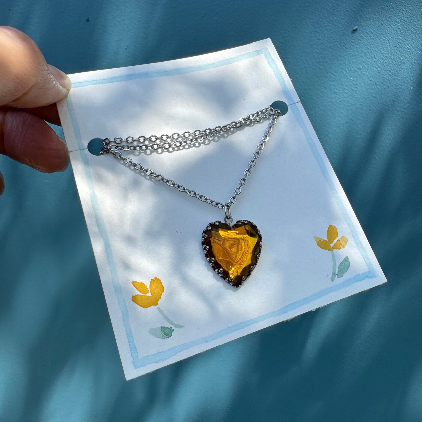 Vintage Heart Pendant Necklace Faux Yellow Sapphire Costume Jewelry