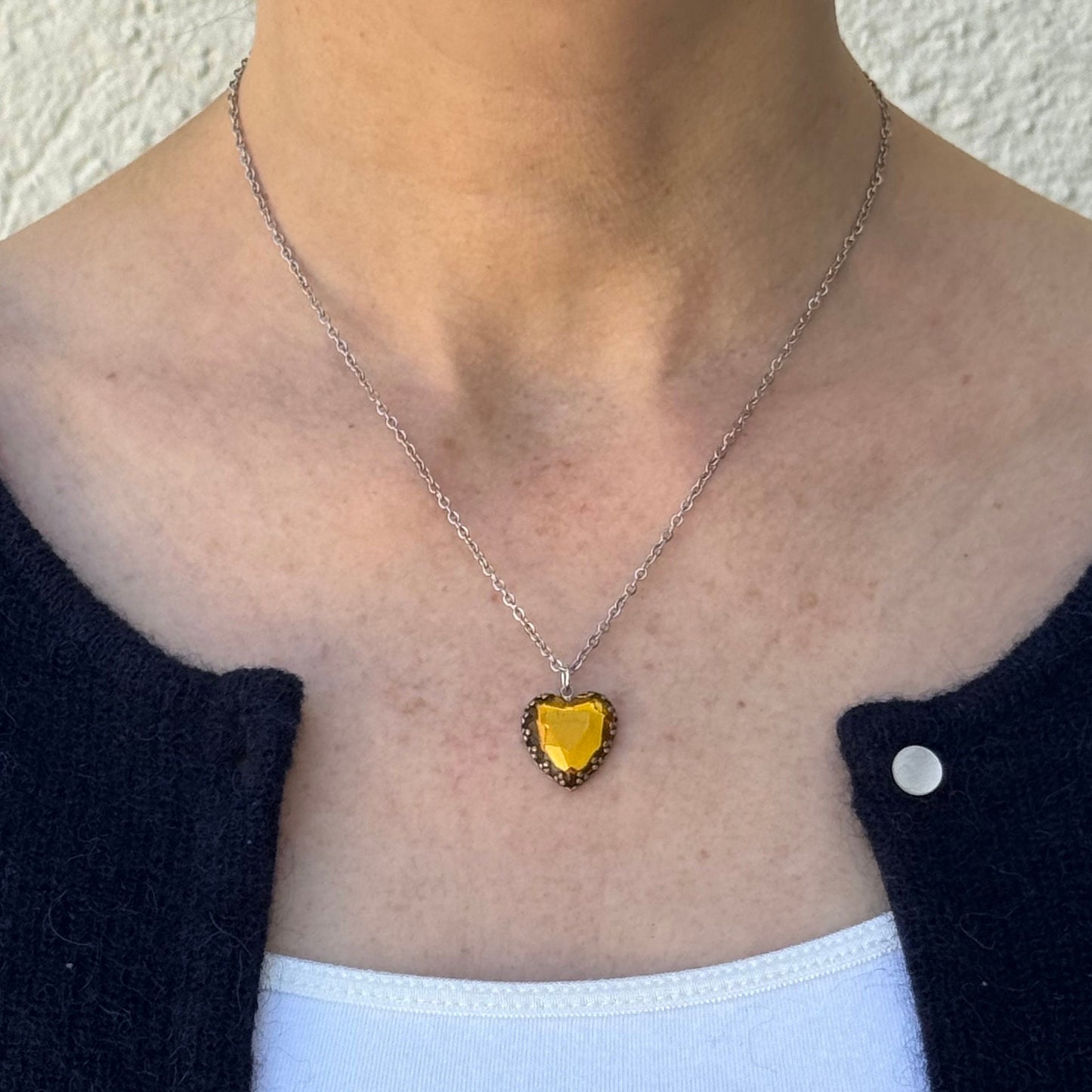 Vintage Heart Pendant Necklace Faux Yellow Sapphire Costume Jewelry