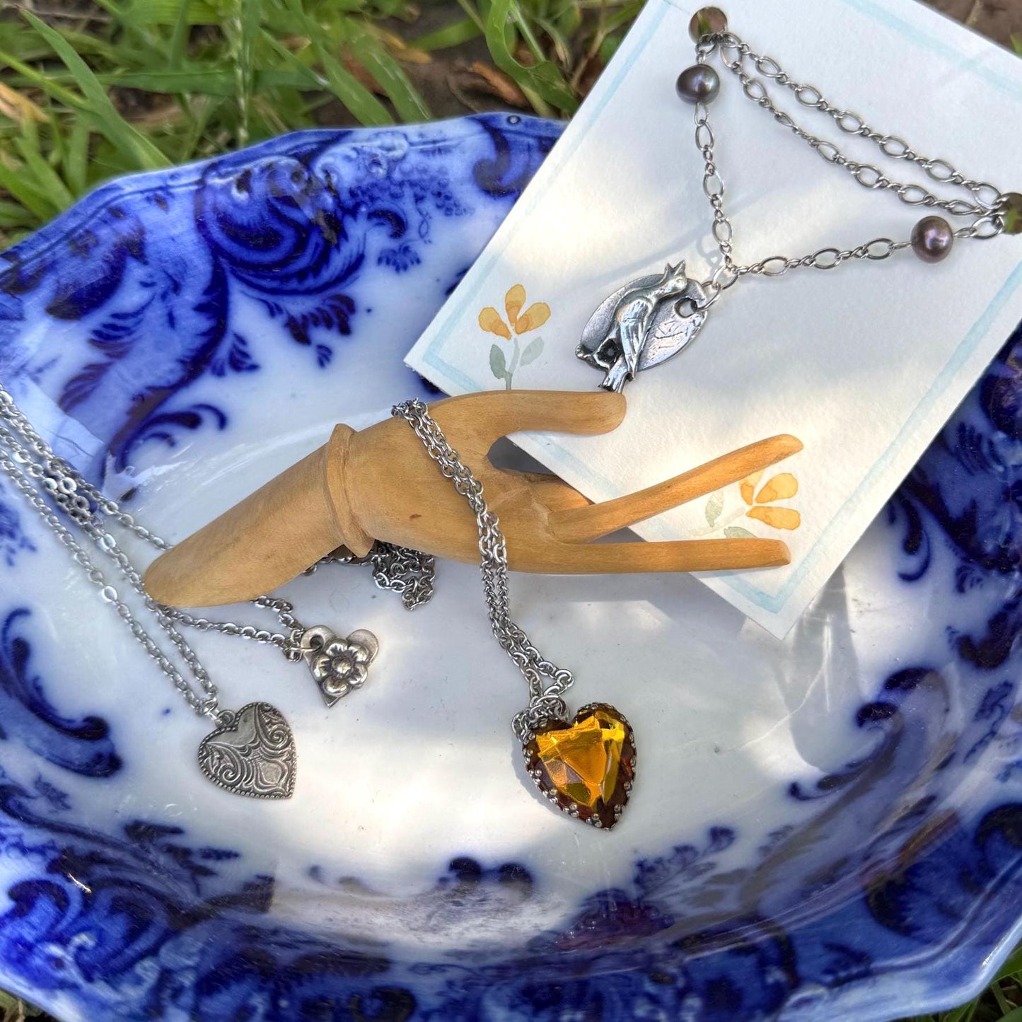 Small Handmade Silver Bird Pendant Necklace | Beaded Chain