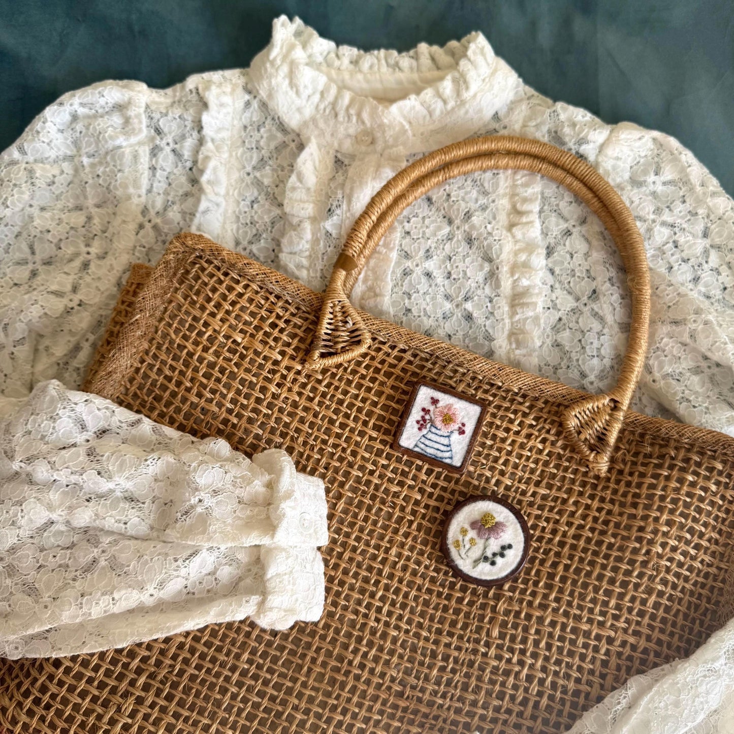 Hand Embroidered Floral Bouquet Brooch Pin ~ wood backing