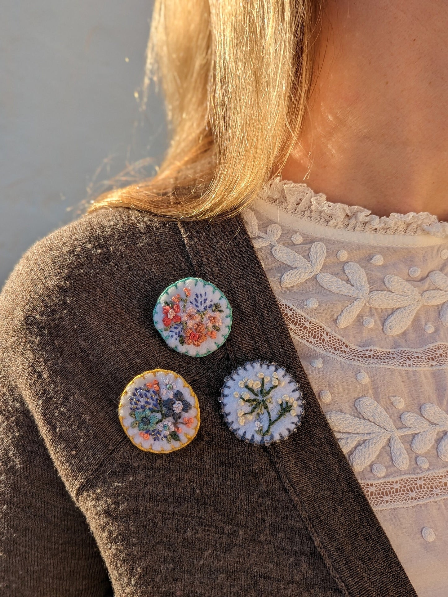 Hand Embroidered Felt Brooch Pin - September Garden Floral