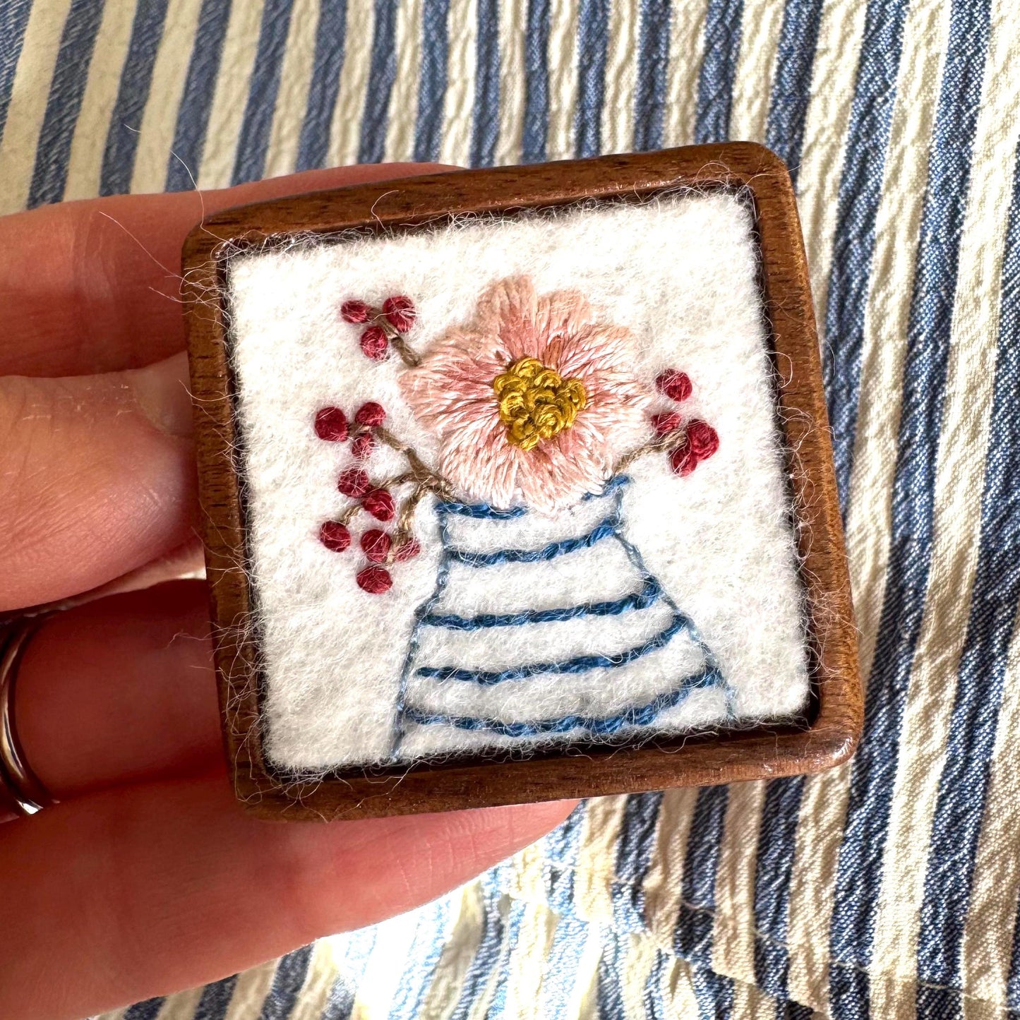 Hand Embroidered Floral Bouquet Brooch Pin ~ wood backing