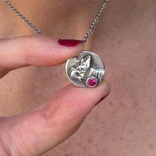 Handmade Silver Boston Terrier with Pink Jewel Dog Pendant Necklace