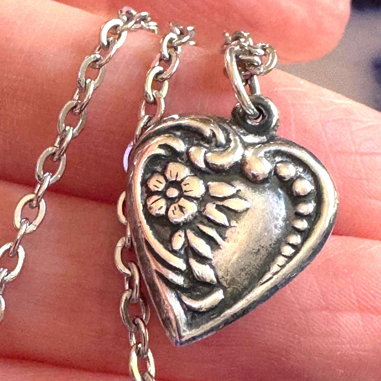 Vintage Heart Pendant Necklace | Sterling Silver small with flowers