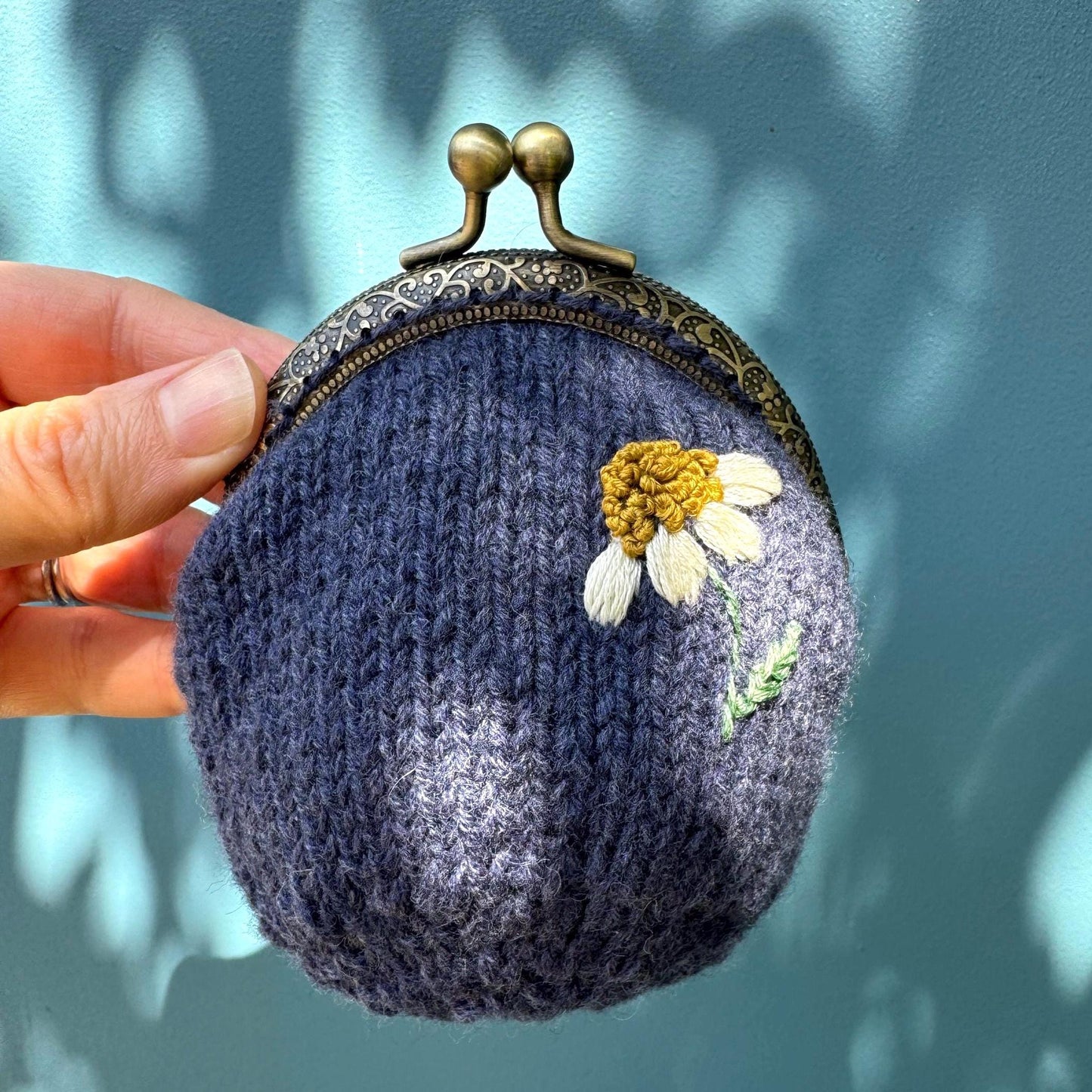 Coin purse | hand embroidered + hand knit | wildflower navy